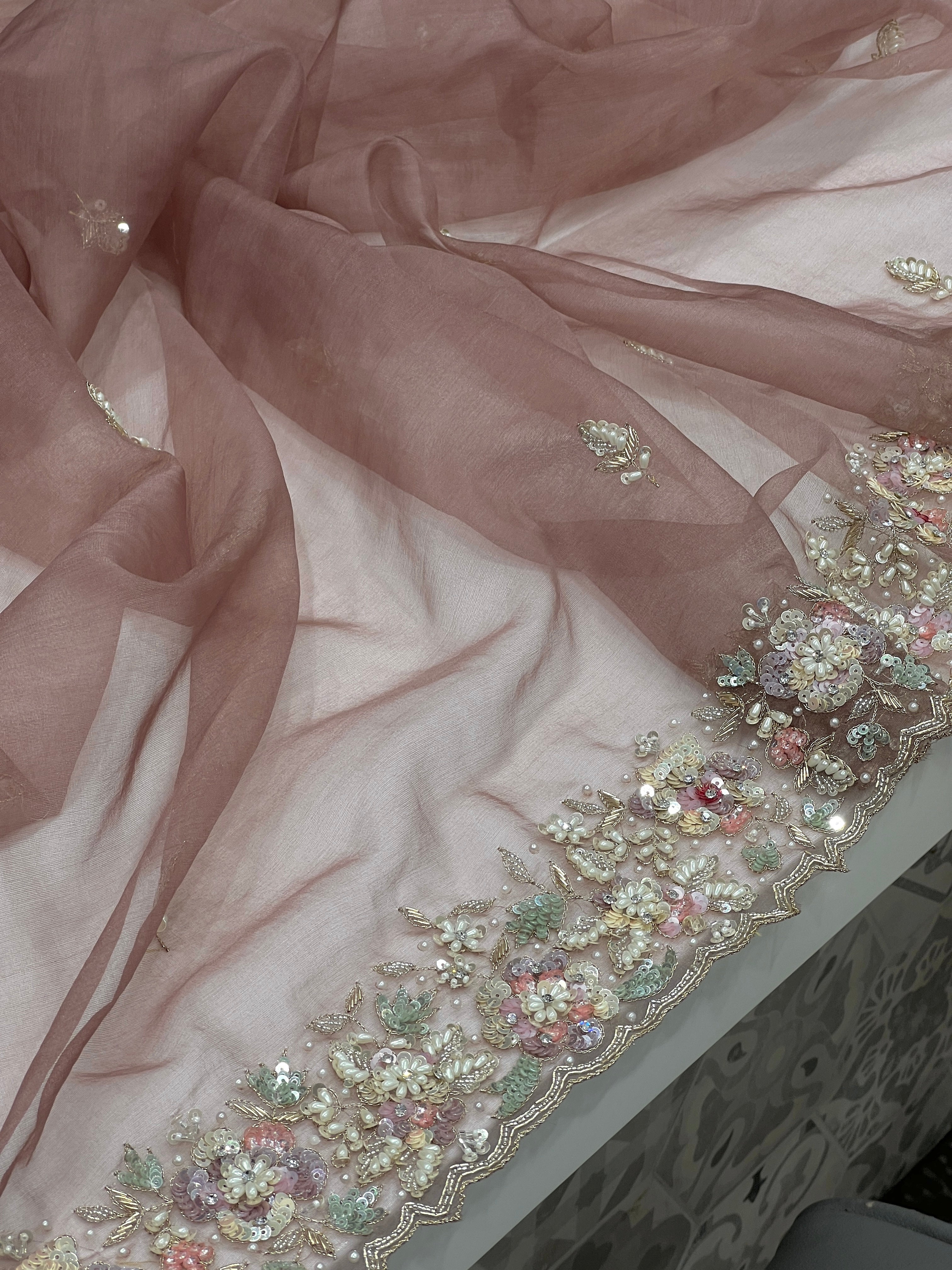 English Brown Organza Hand Embroidery Saree