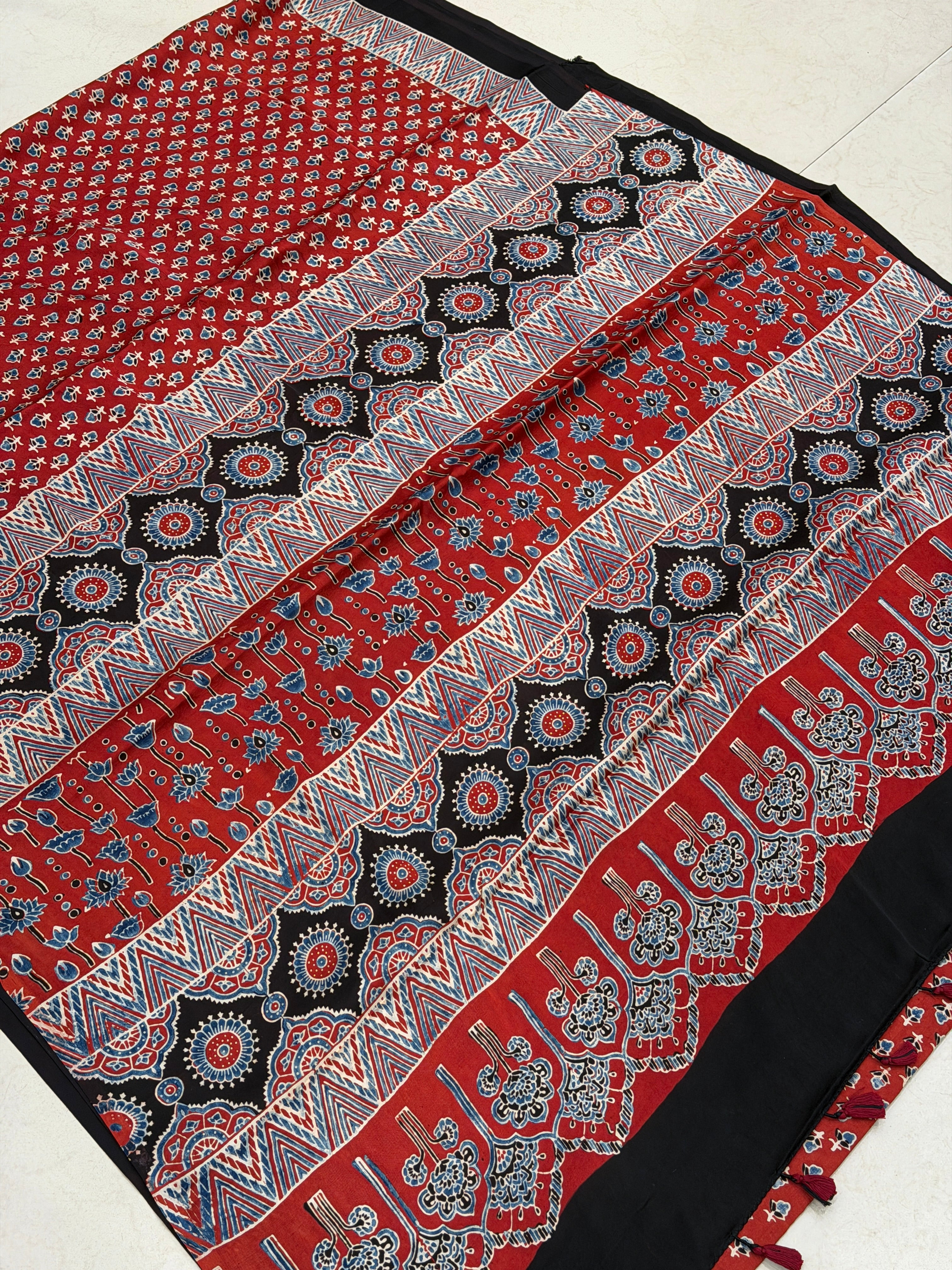 Red Bud Buttis Ajrakh Hand Block Print Pure Modal Silk Saree