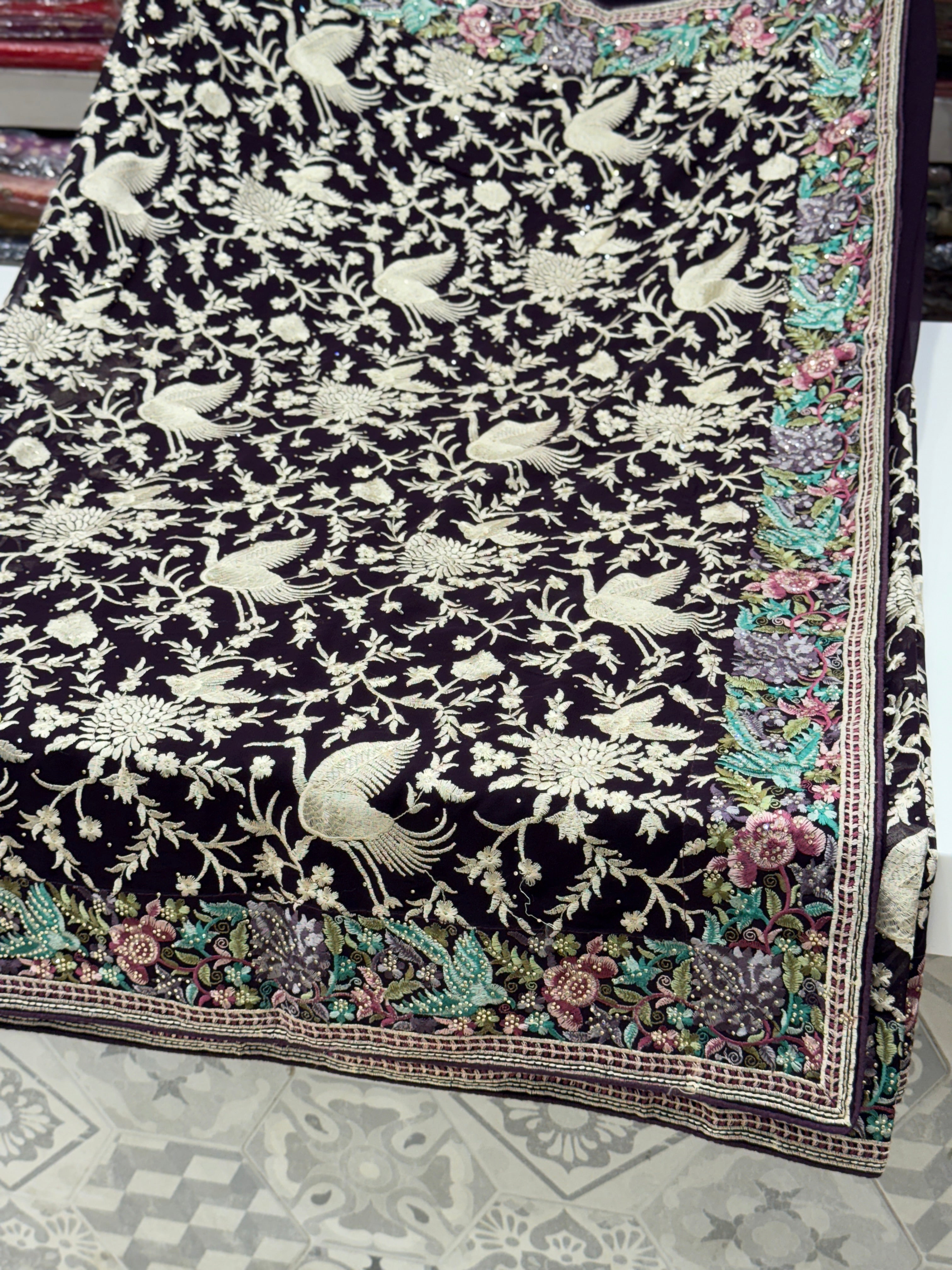 Black Parsi Gara Saree with Stone Work Resham Embroidery
