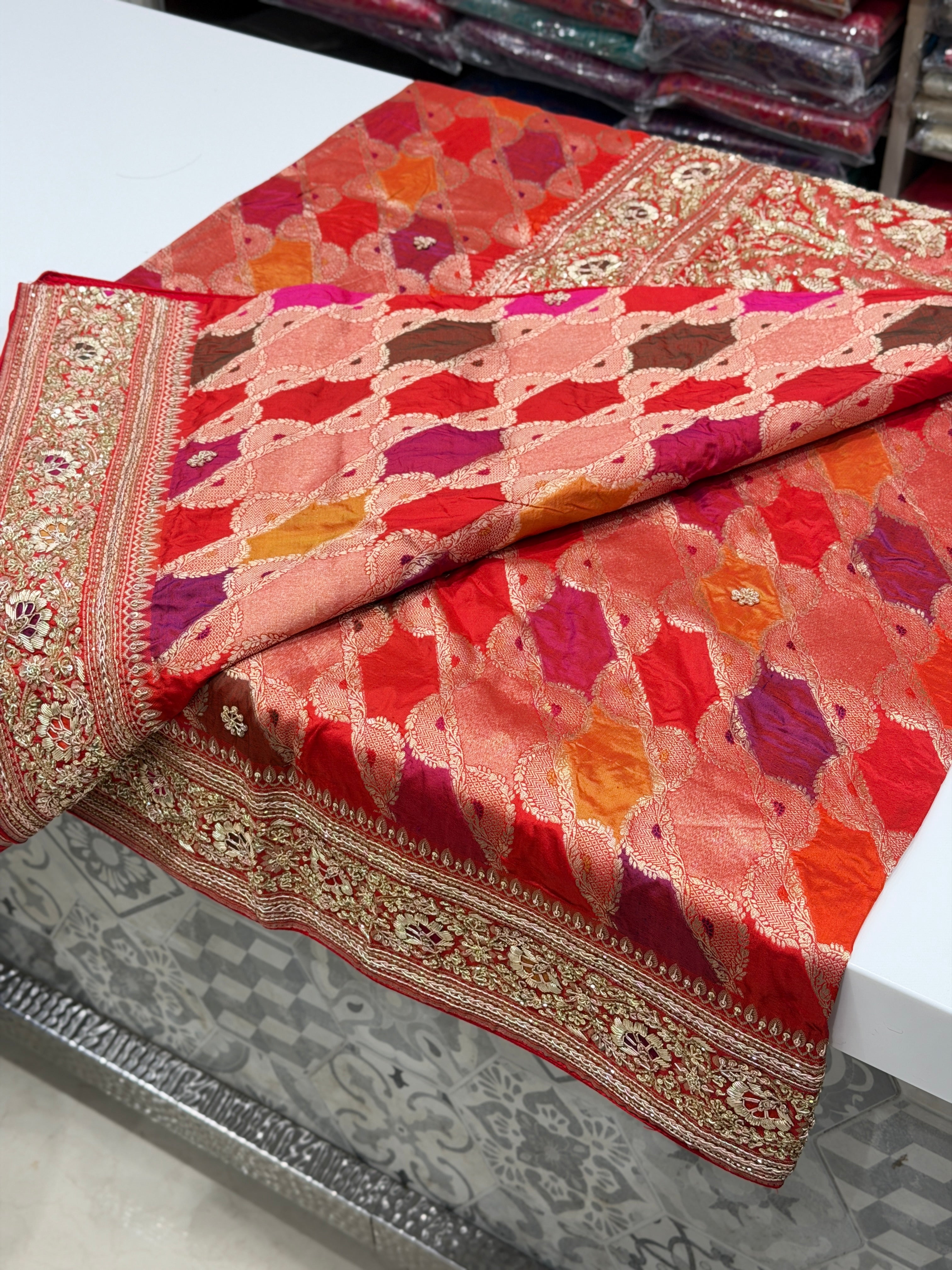 Red Handloom Banarasi Rangkat Zardosi Hand Embroidery Saree