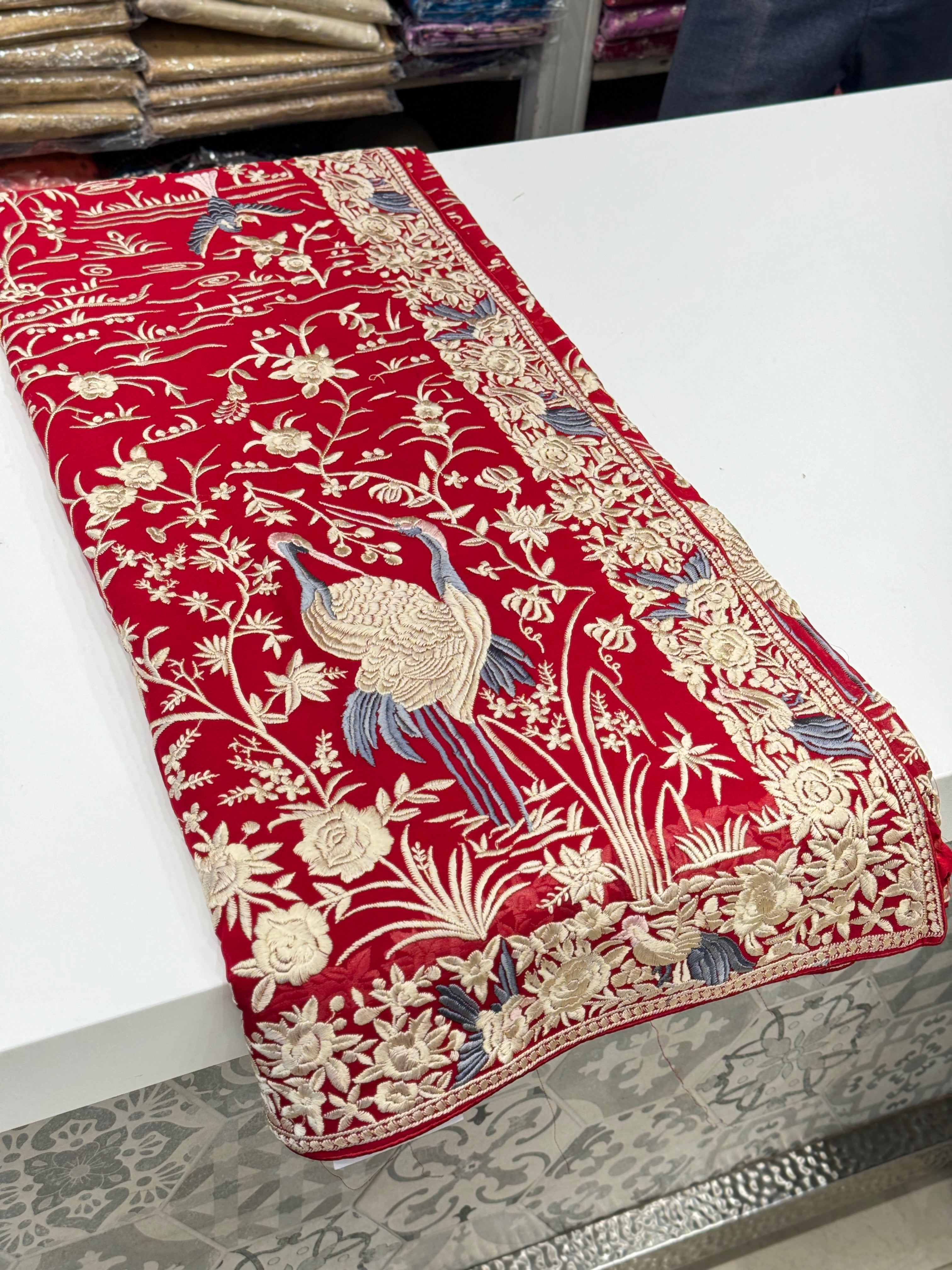 Red Georgette Flamingo Parsi Gara Saree