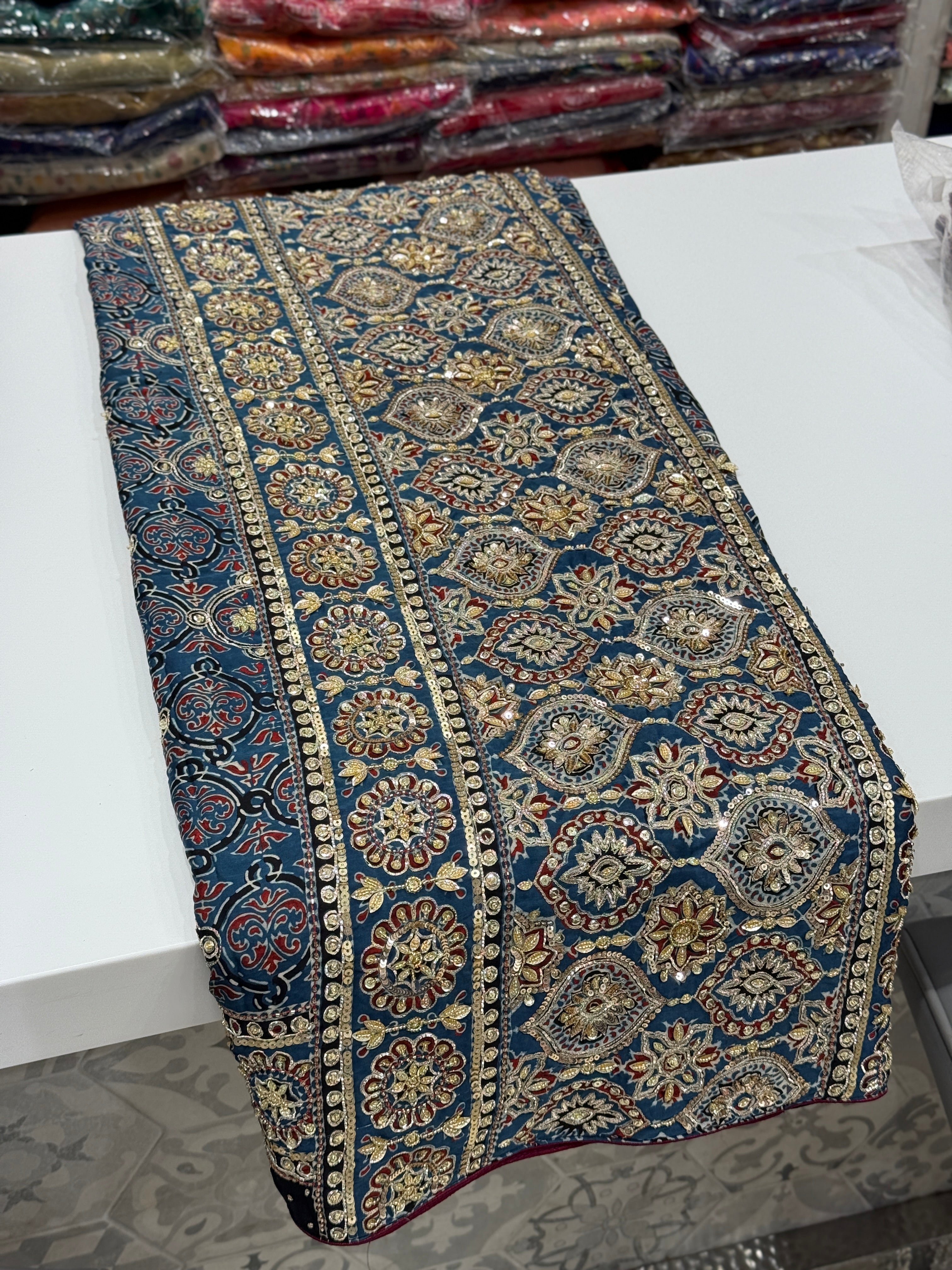 Blue Badam Jaal Pita Zardosi Sequin Ajrakh Hand Embroidery Saree