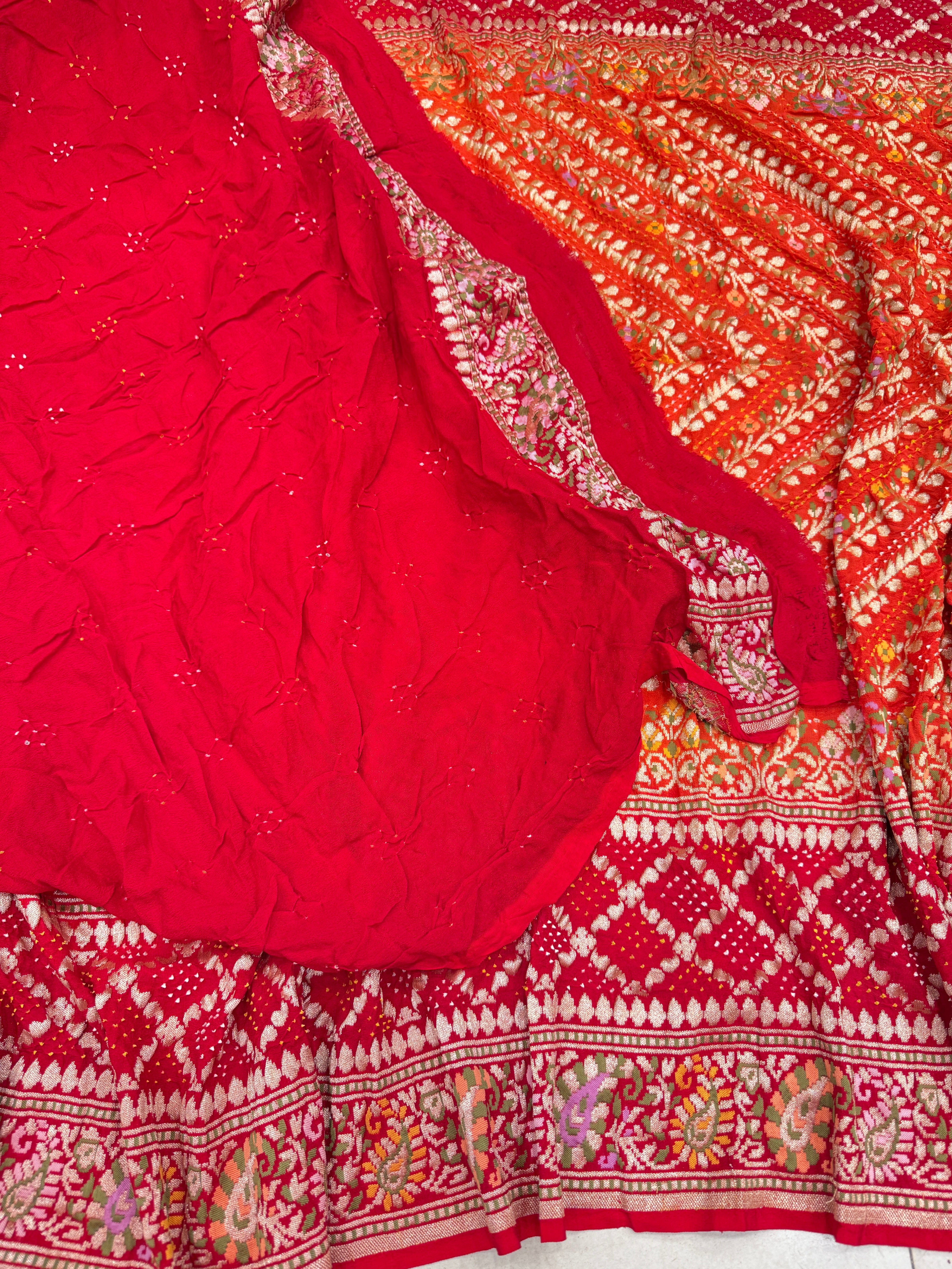 Orange Red Double Border Meenakari Rai Bandhej Georgette Bandhini Saree