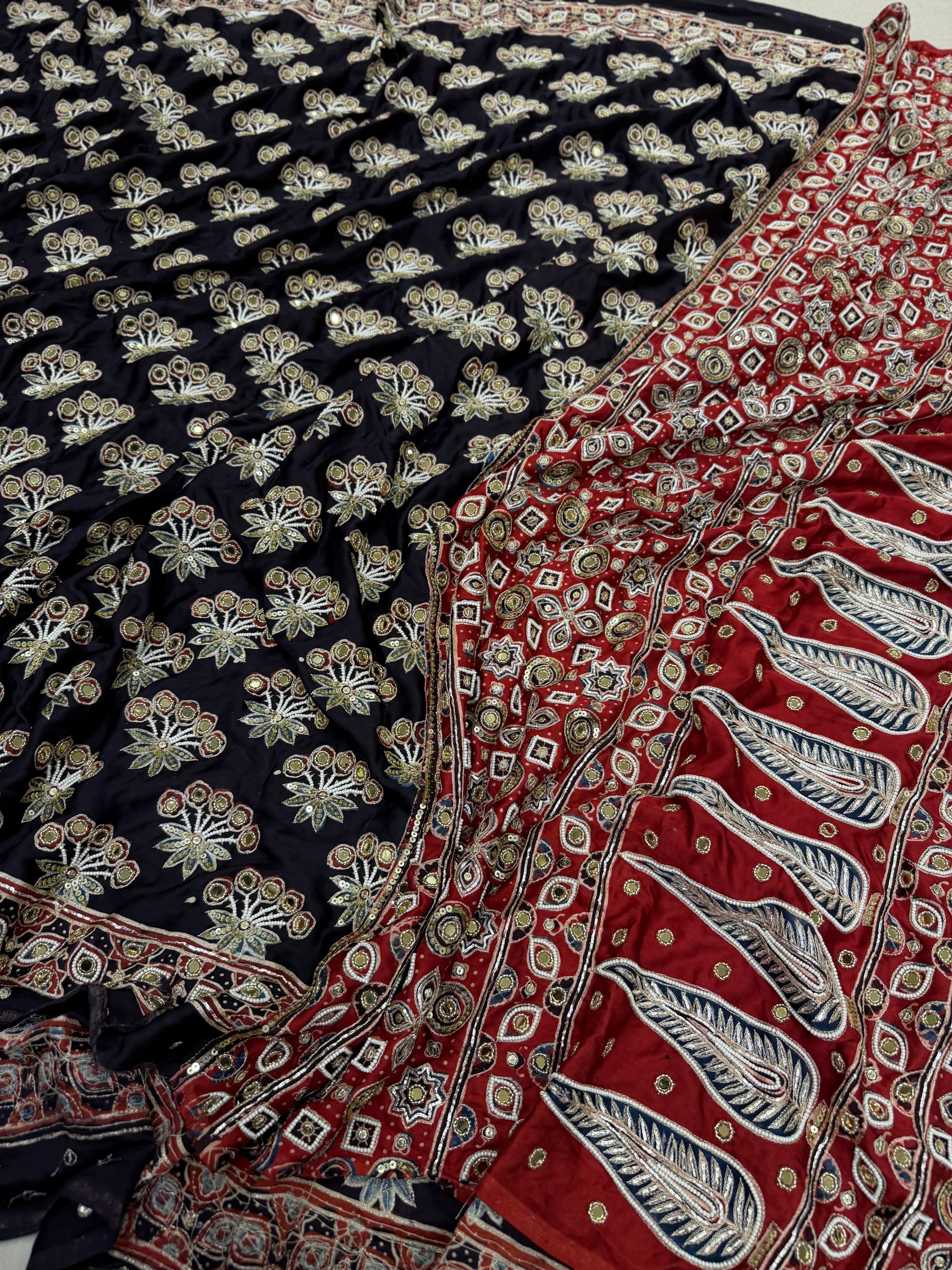 Black Butta Red Pallu Pita Sequin Moti Ajrakh Hand Embroidery Saree