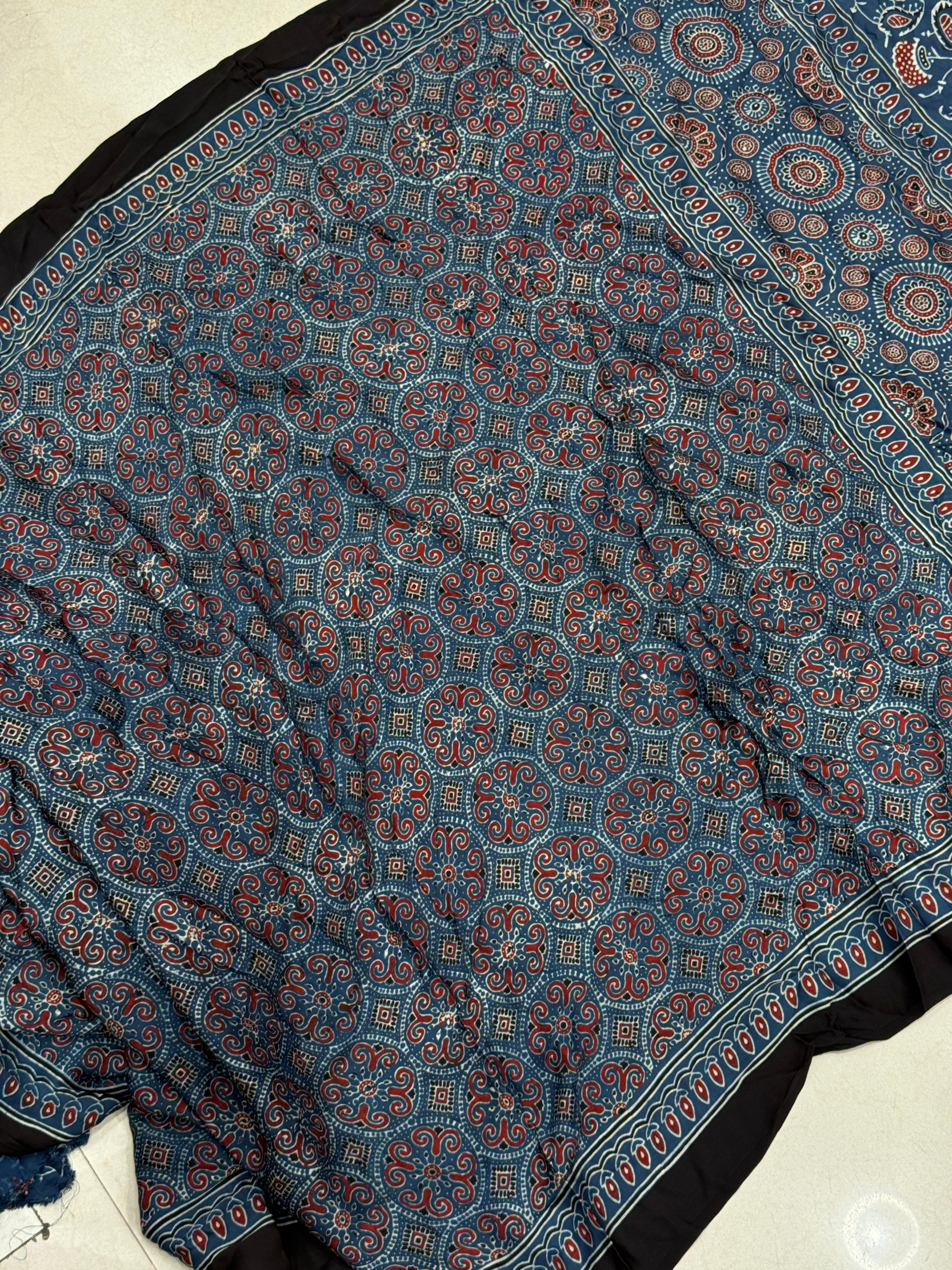 Blue Jewelled Jaal Ajrakh Modal Gajji Silk Saree