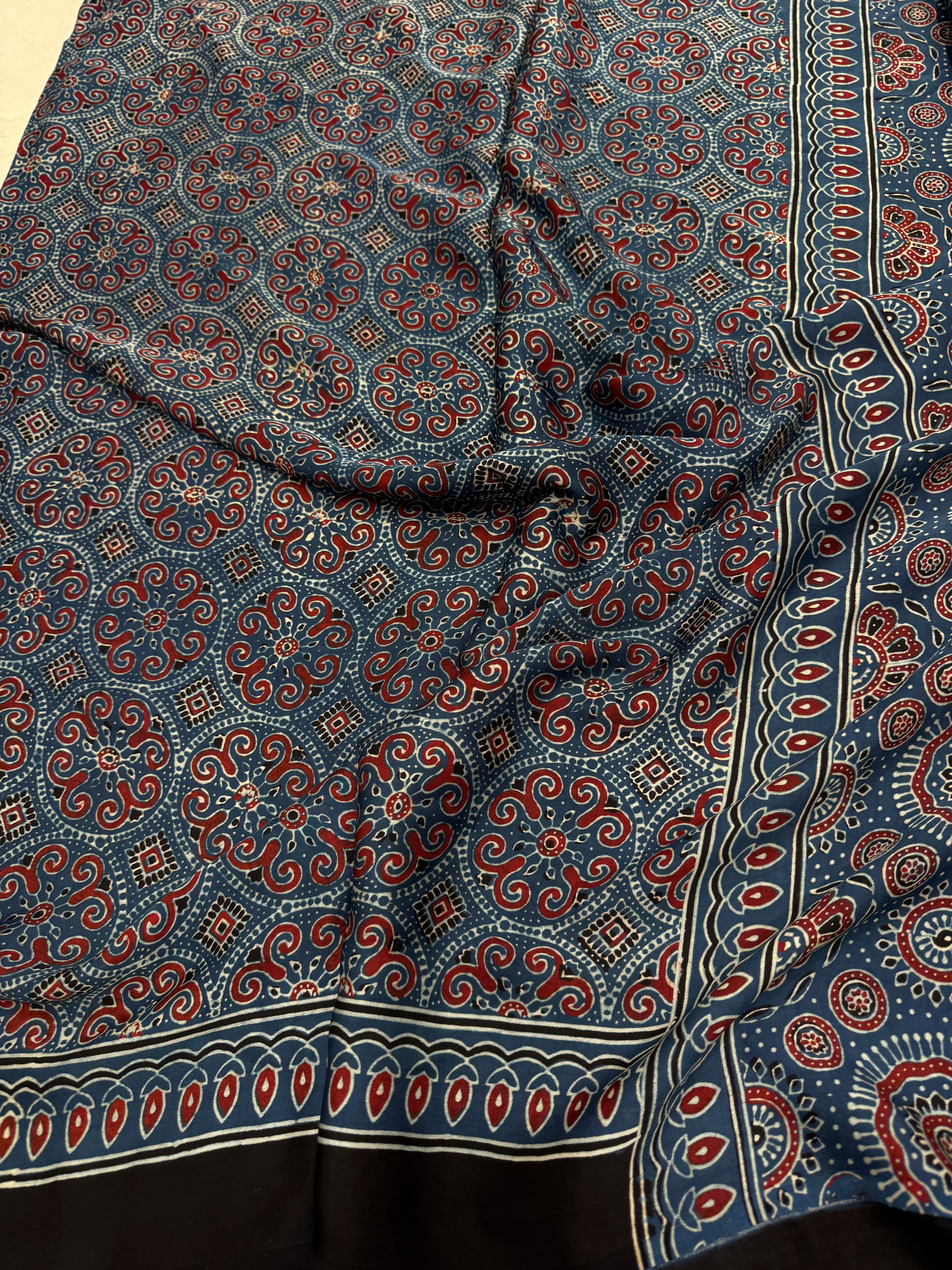 Blue Circle Badam Jaal Ajrakh Block Print Hand Pure Gajji Silk Saree