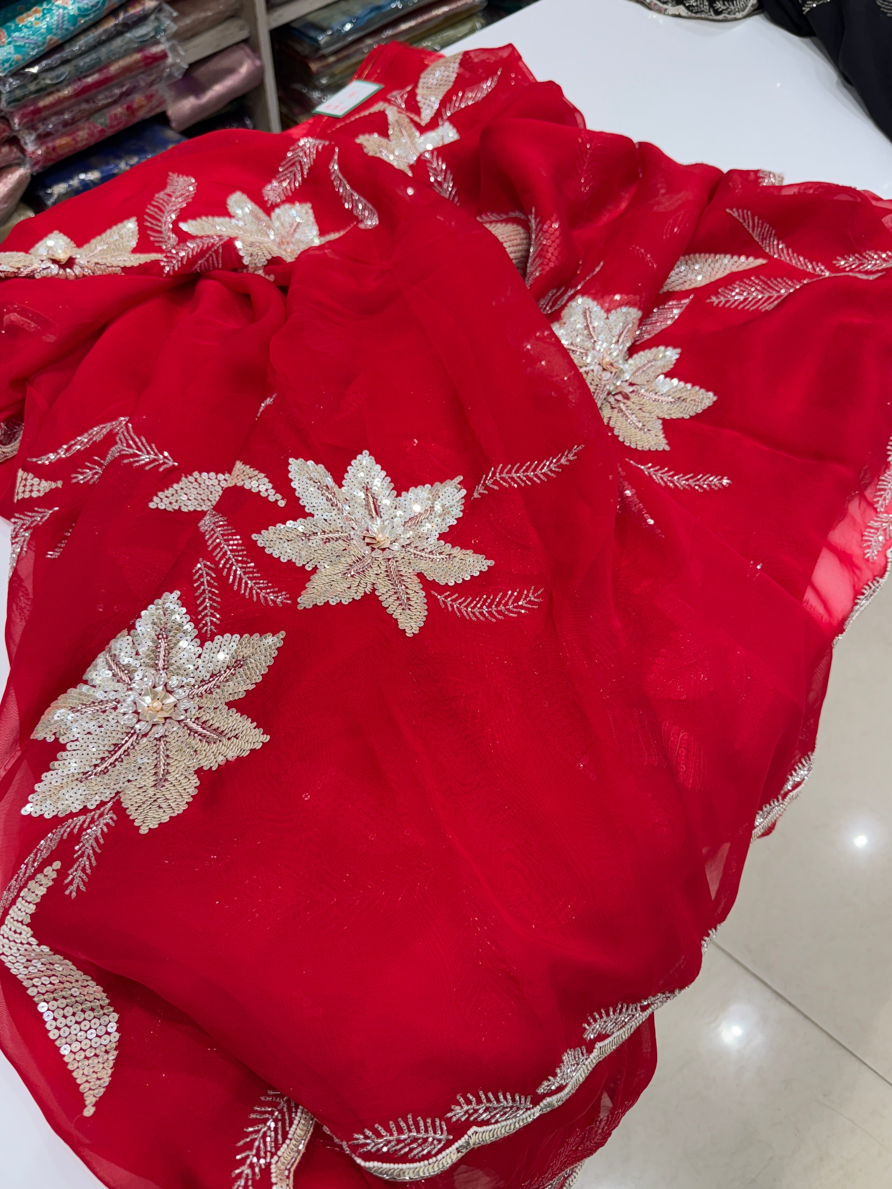 Red Satin Organza Floral Embroidery Saree