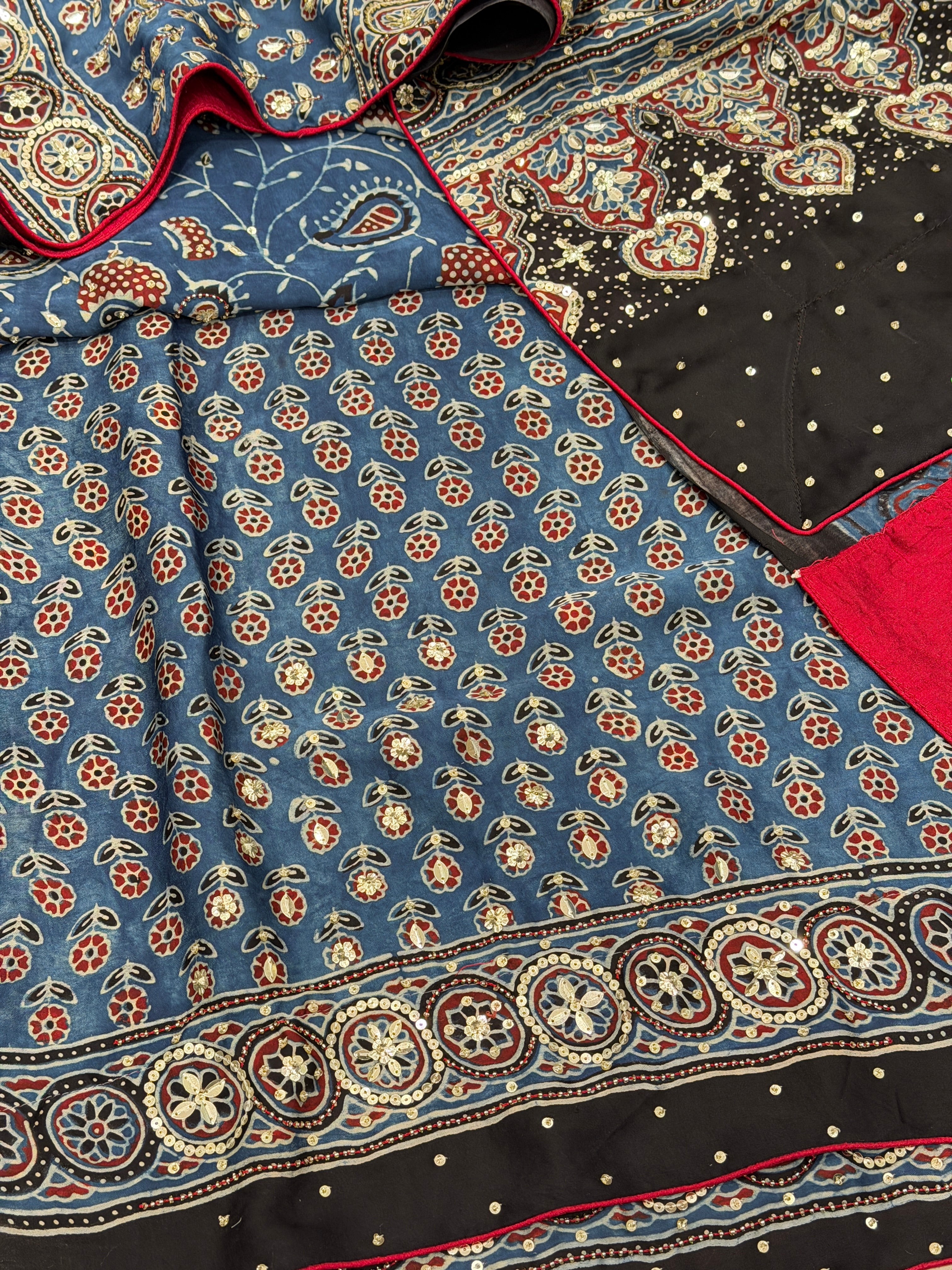 Blue Jaal Ajrakh Sequin Moti Hand Embroidery Saree