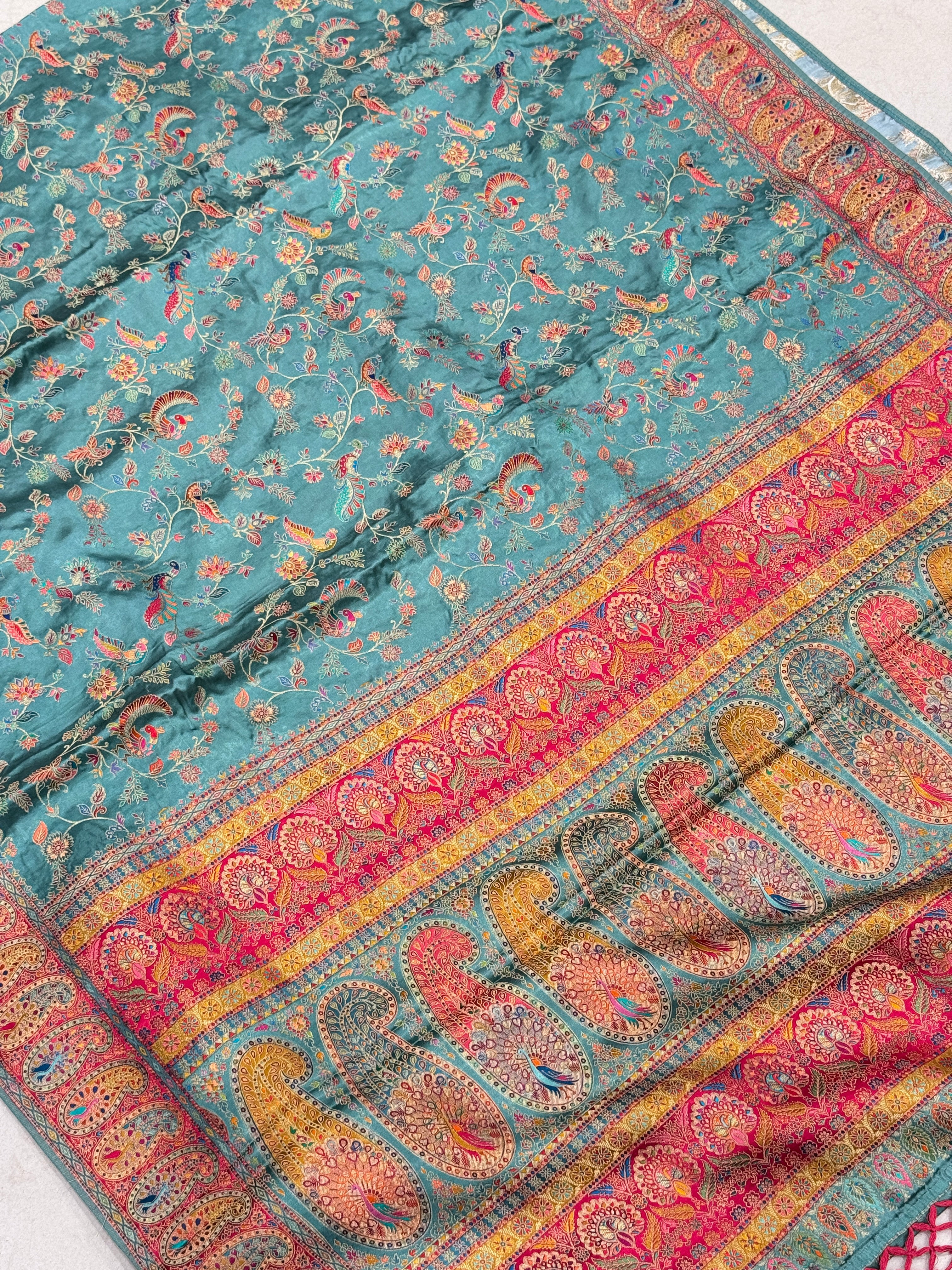 Firozi Banarasi Modal Satin Pashmina Style Jaal Saree