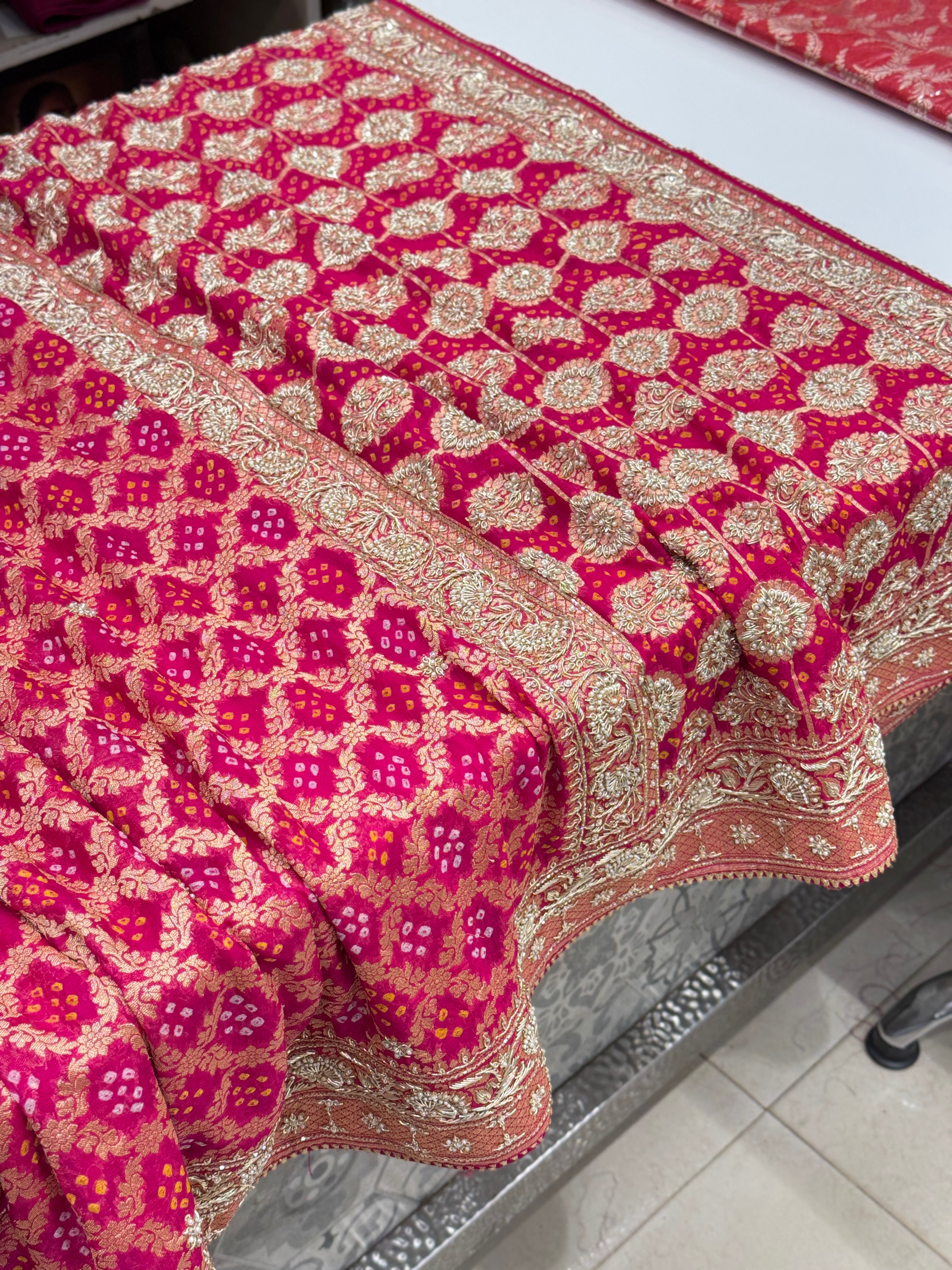 Rani Bandhej Zardosi Hand Embroidery Saree