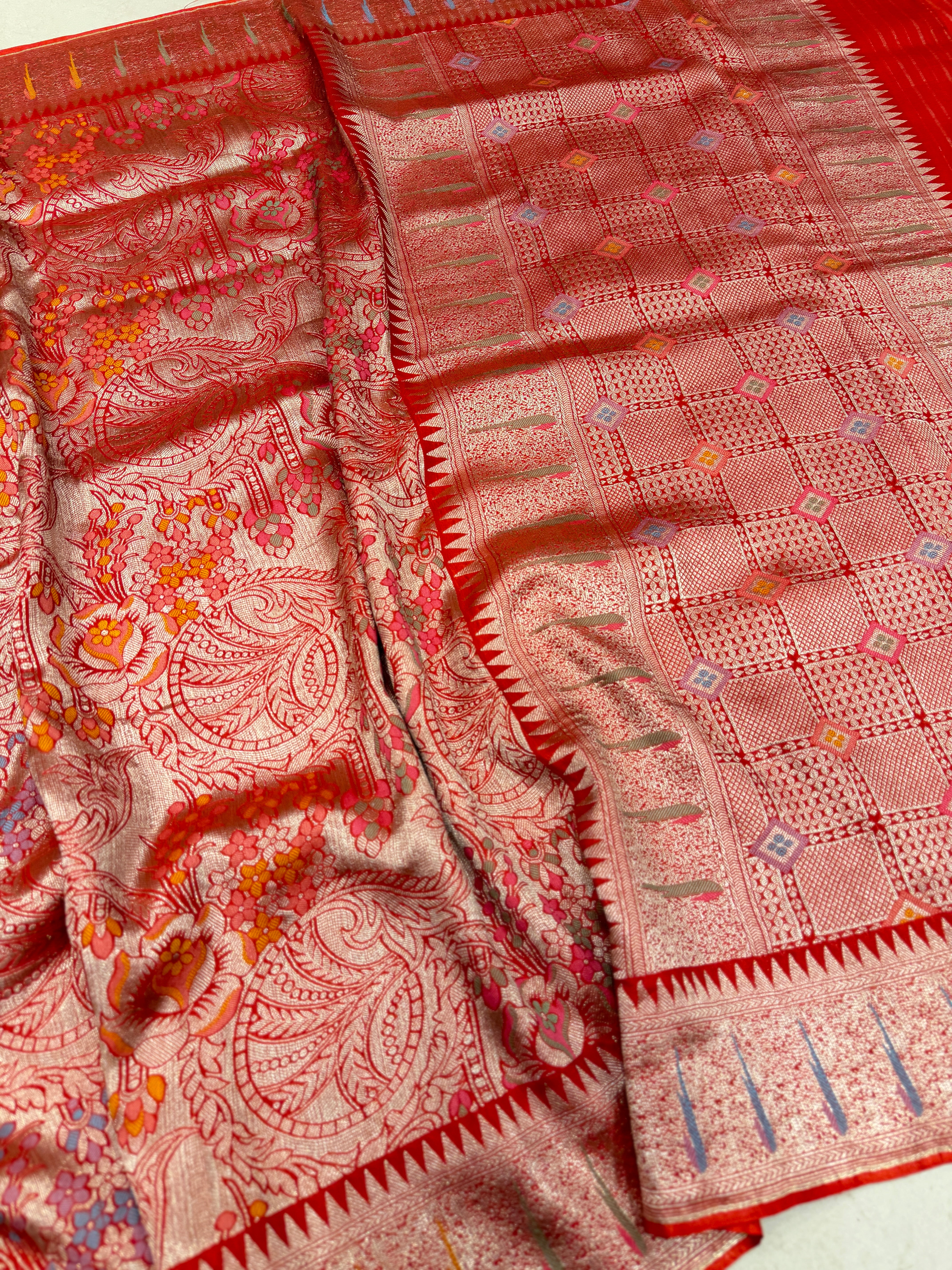 Red Banarasi Munga Tissue Meenakari Saree