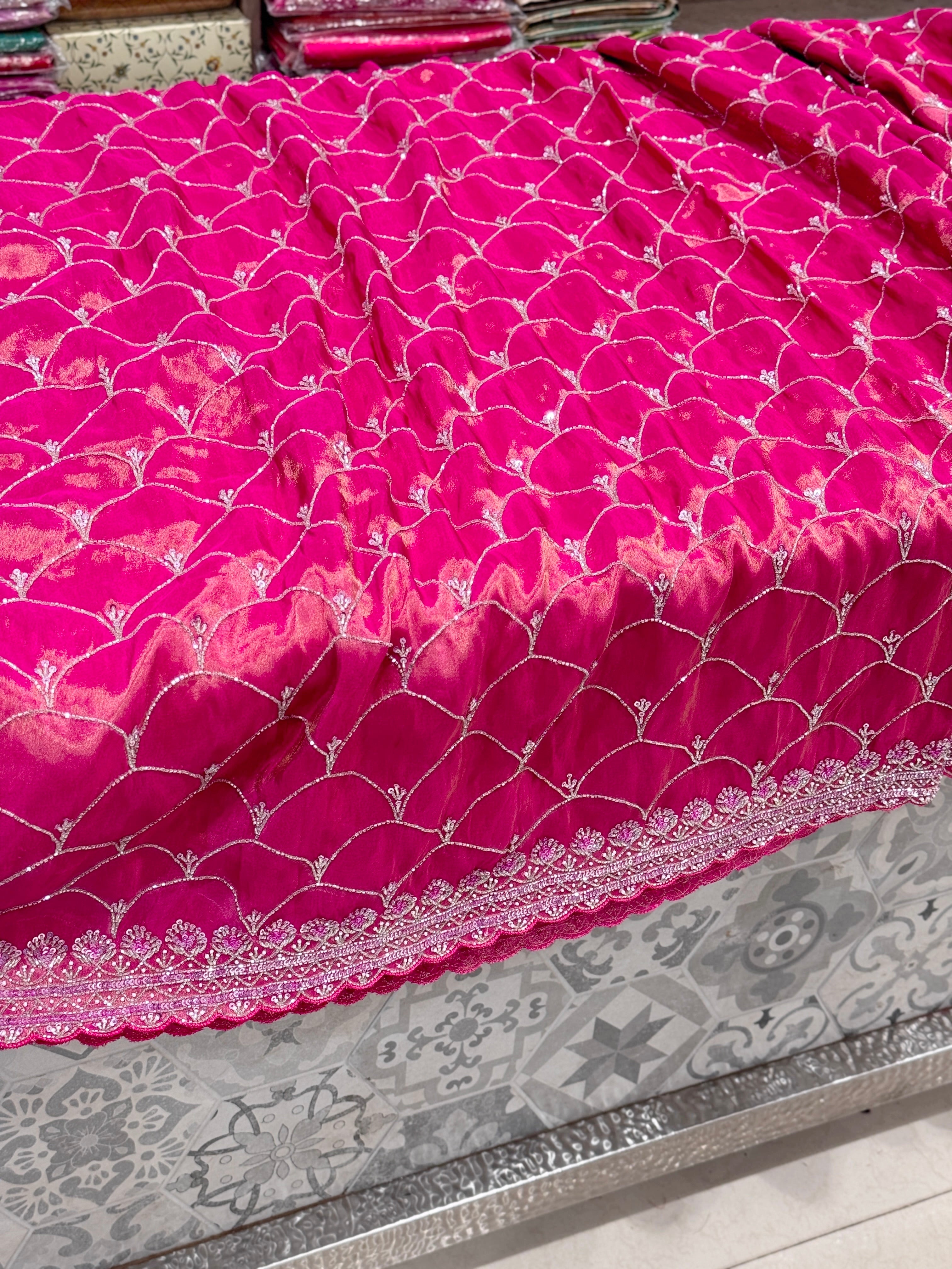 Crimson Crepe Tissue Embroidery Saree