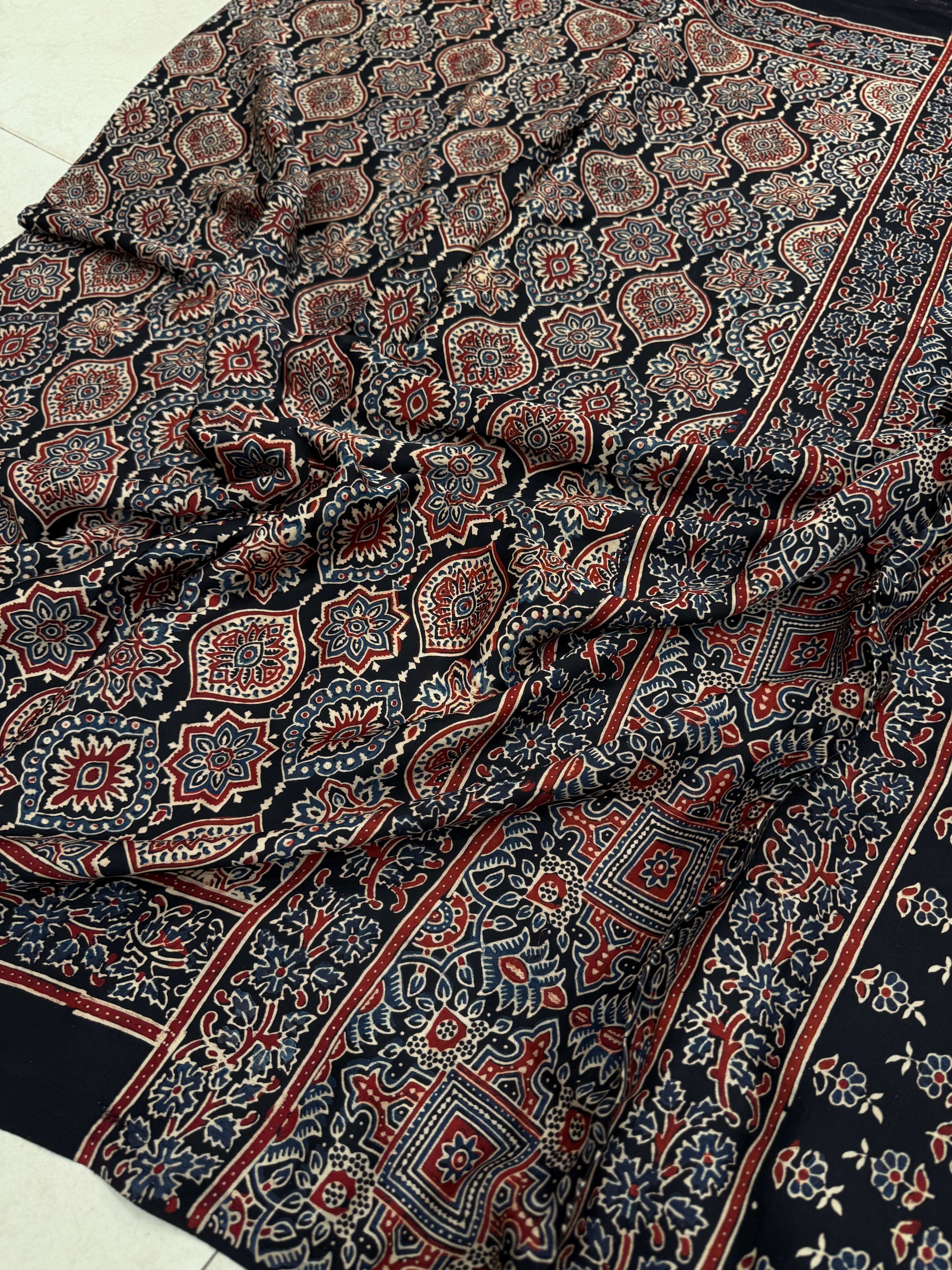Black Badam Jaal Ajrakh Block Print Hand Pure Gajji Silk Saree