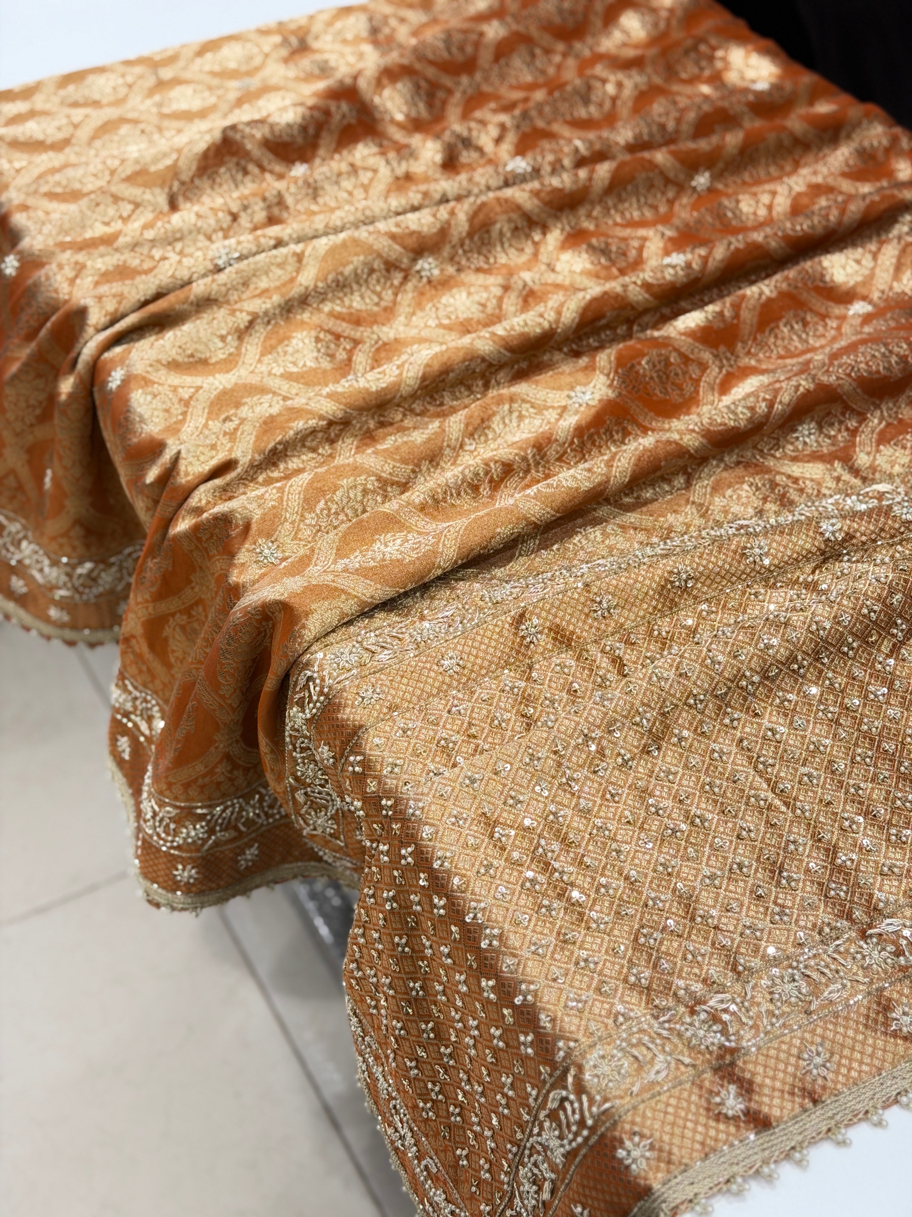 Rust Orange Tissue Banarasi Zardosi Moti Hand Embroidery Saree