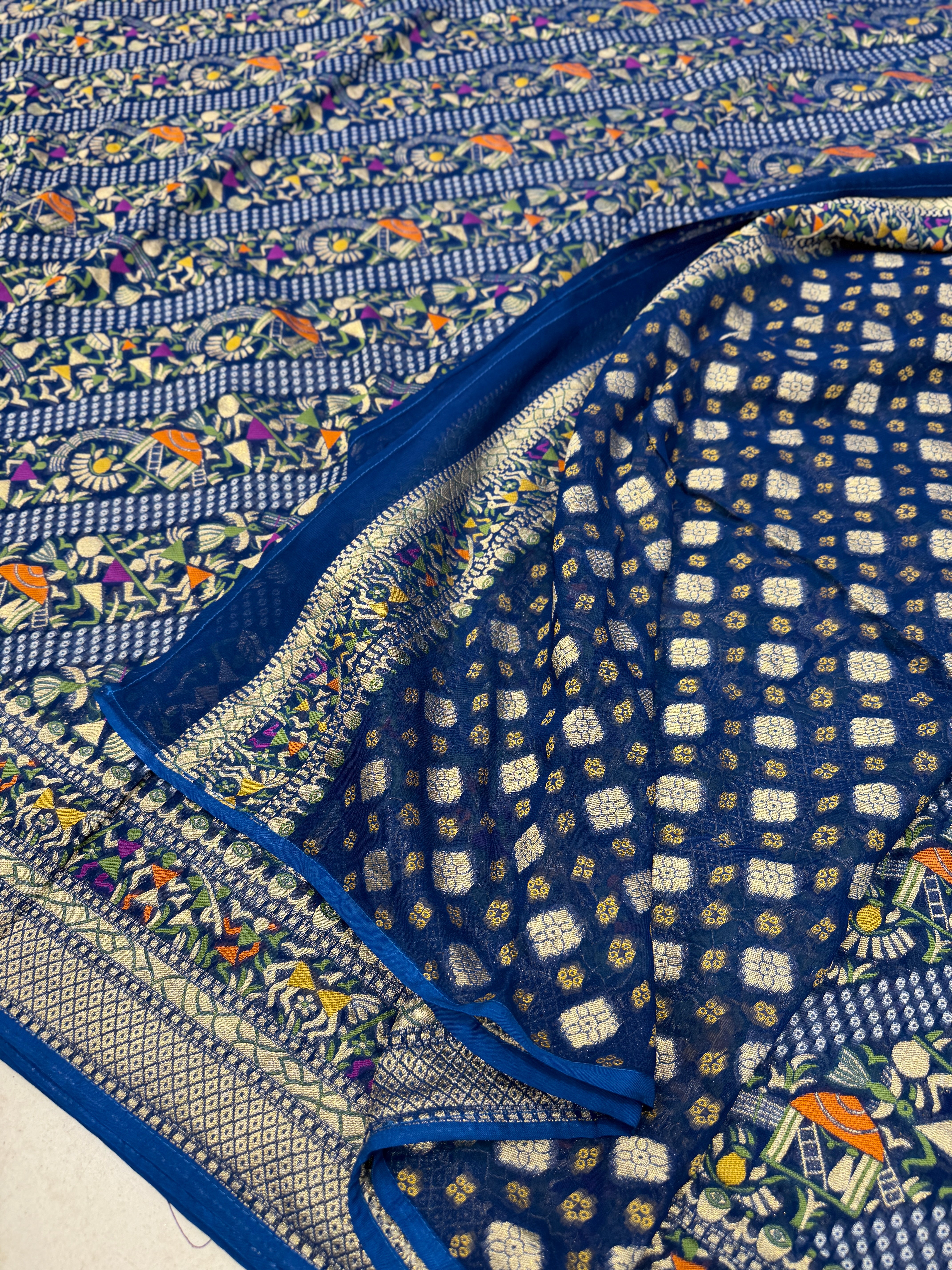 Navy Blue Warli Style Woven Bandhej Georgette Saree