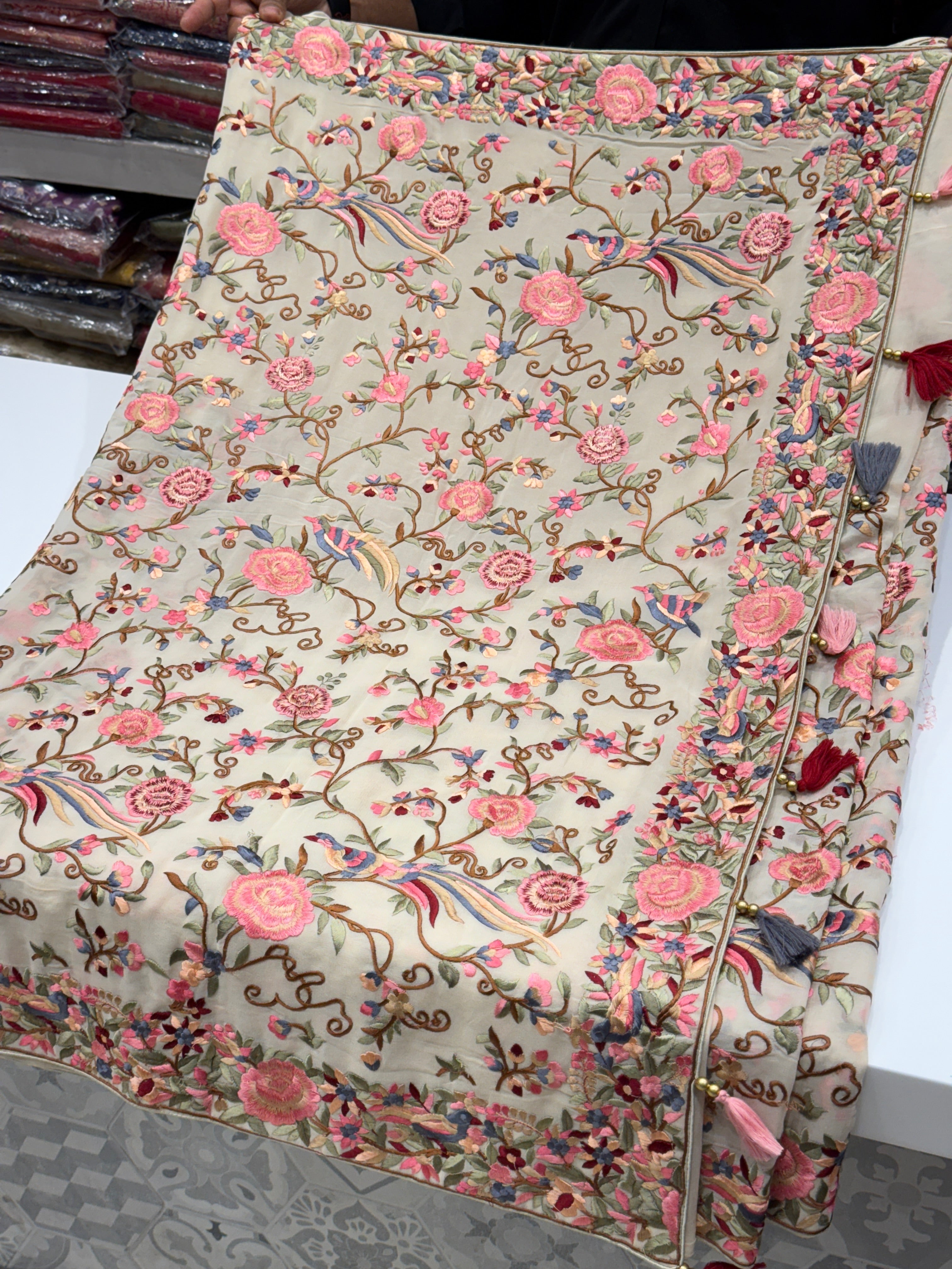 White Georgette Multi Colour Jaal Flamingo Parsi Gara Saree