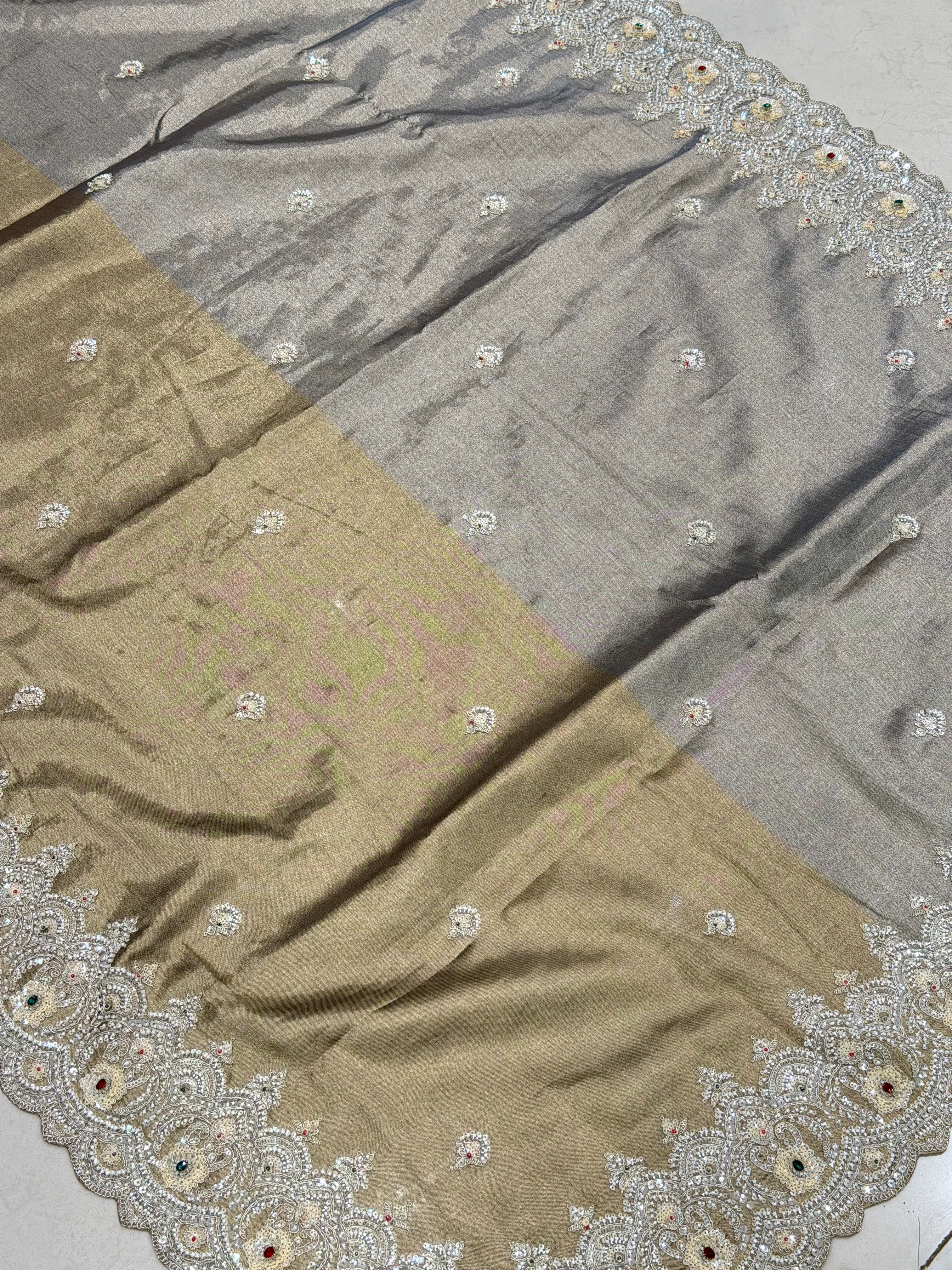 Light Golden Silver Soft Tissue Moti Crystal Embroidery Saree