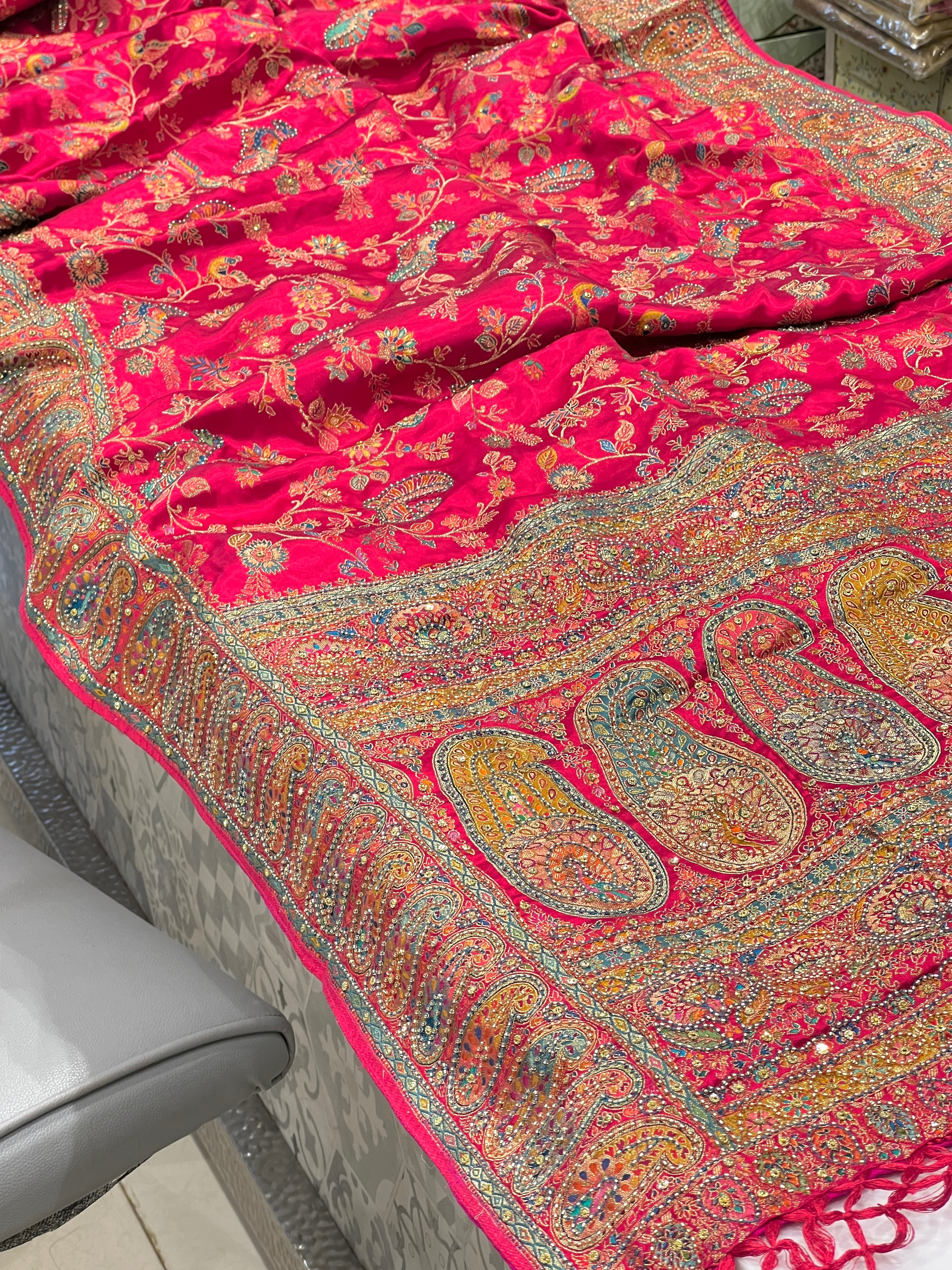 Pink Modal Satin Peacock Theme Hand Embroidery Saree