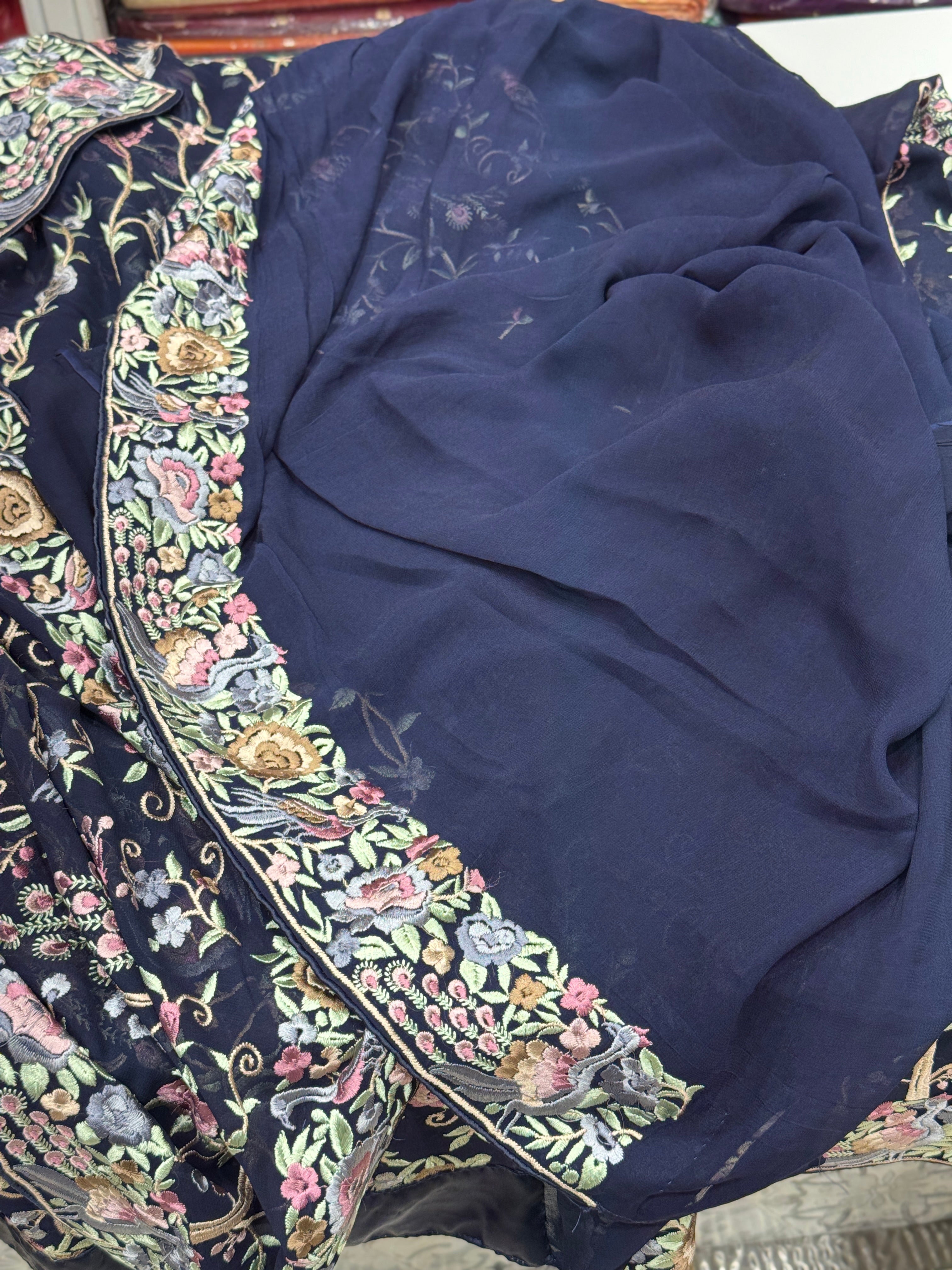 Blue Georgette Parsi Gara Peacock Design Saree