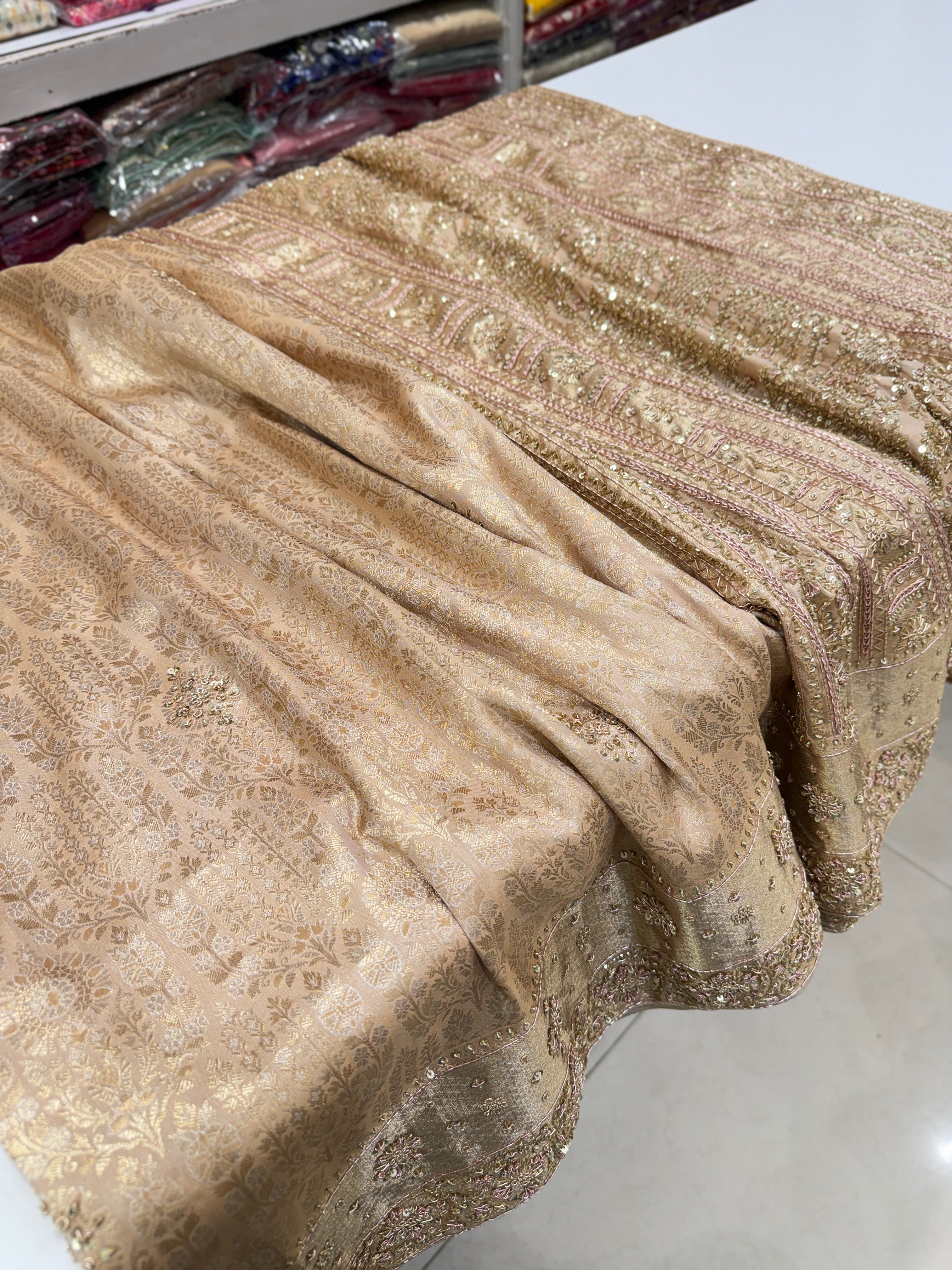 Beige Gold Crown Jaal Kanjivaram Zardosi Hand Embroidery Saree