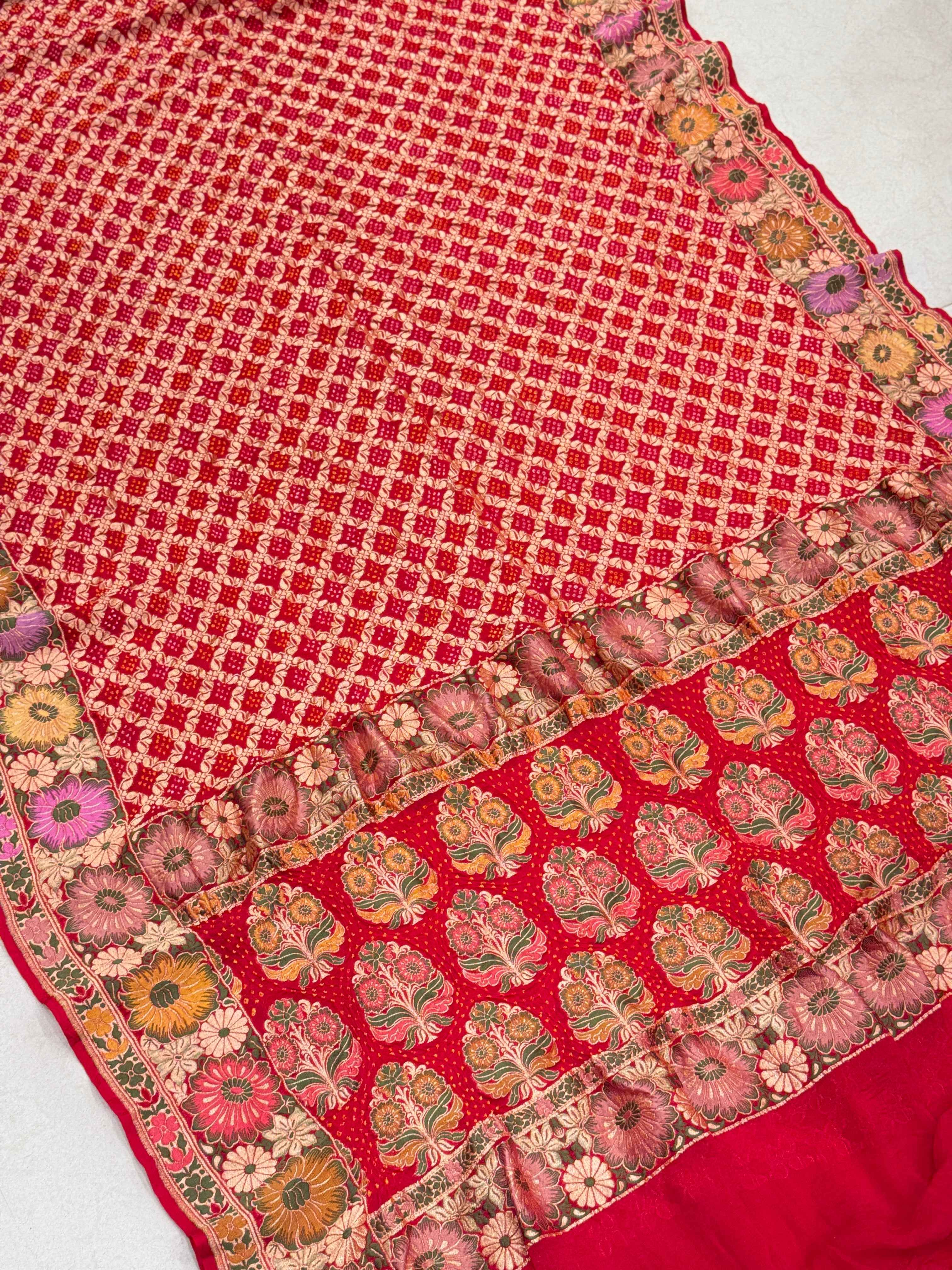Red Meenakari Double Floral Rai Bandhej Georgette Bandhini Saree