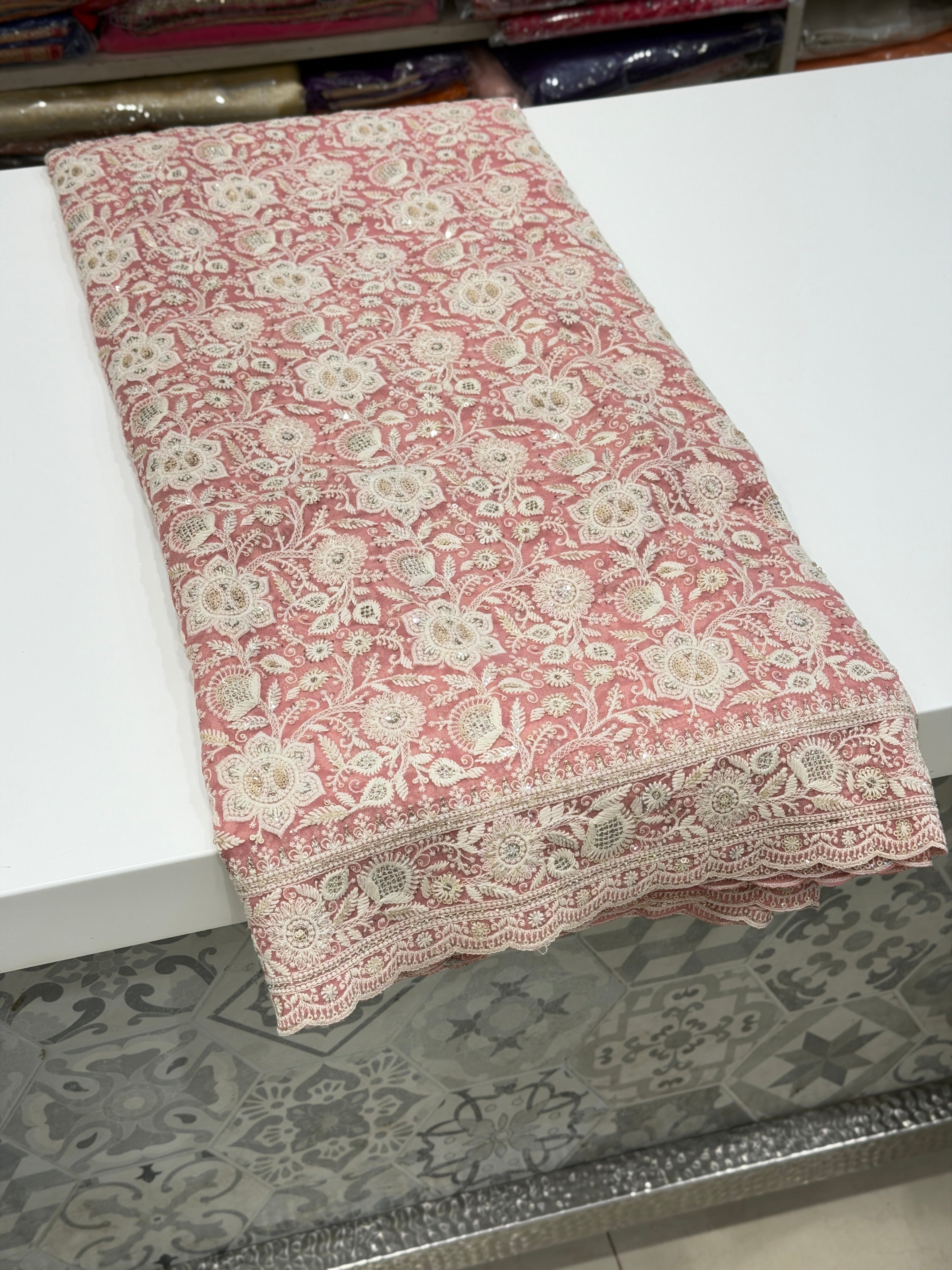 Pink Chikankari Georgette Small Scallop Design Saree