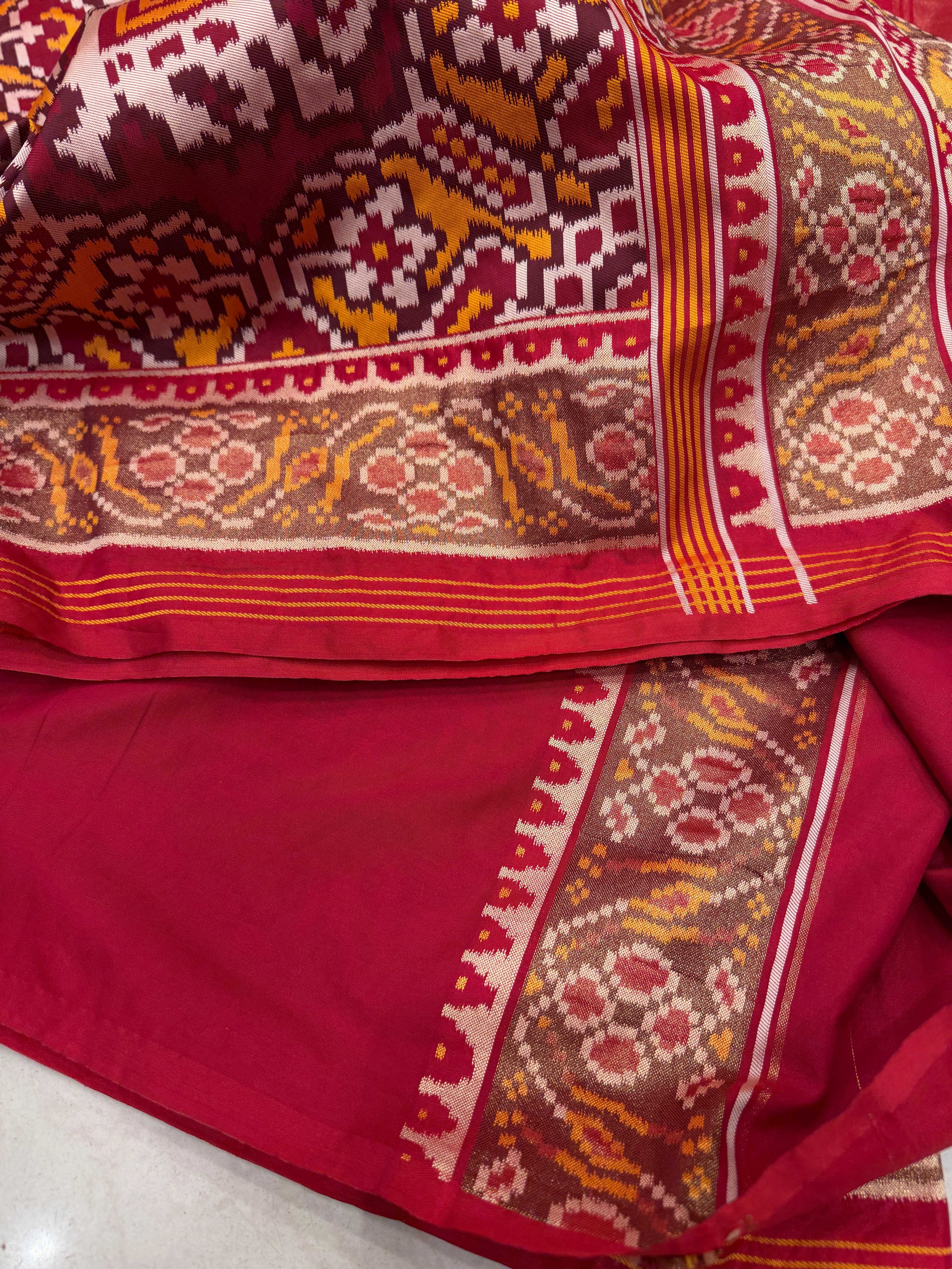 Maroon Mustard Semi Silk Weaved Patan Patola Saree
