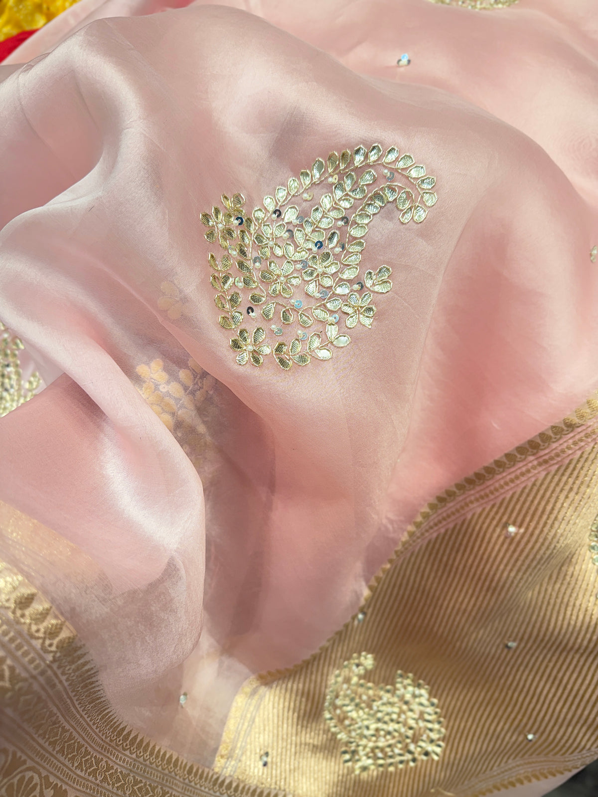 Pink Banarasi Kora Hand Embroidery Gotapatti Butta Saree