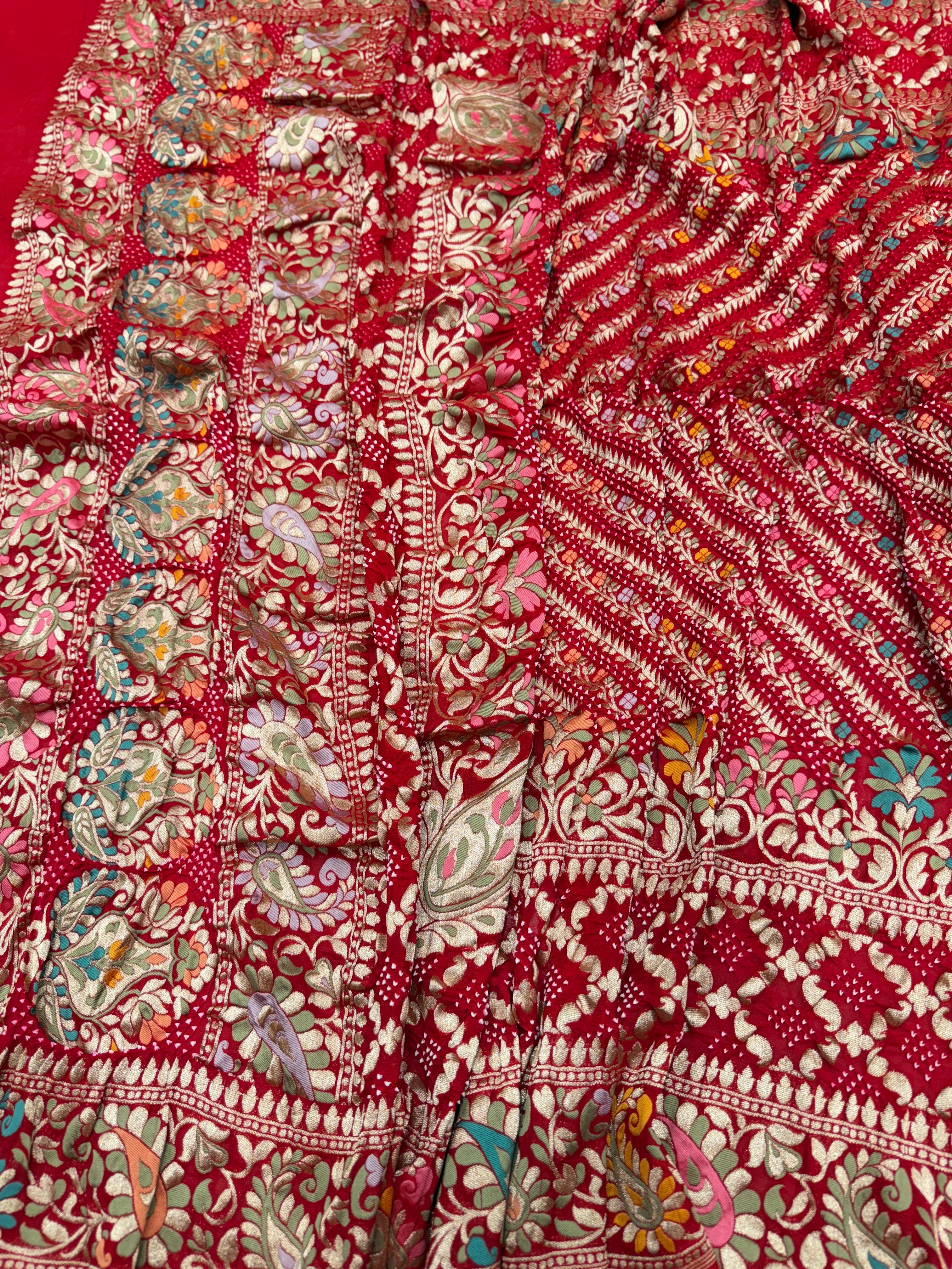Red Jaal Double Border Handloom Meenakari Rai Bandhej Pure Zari Dupatta