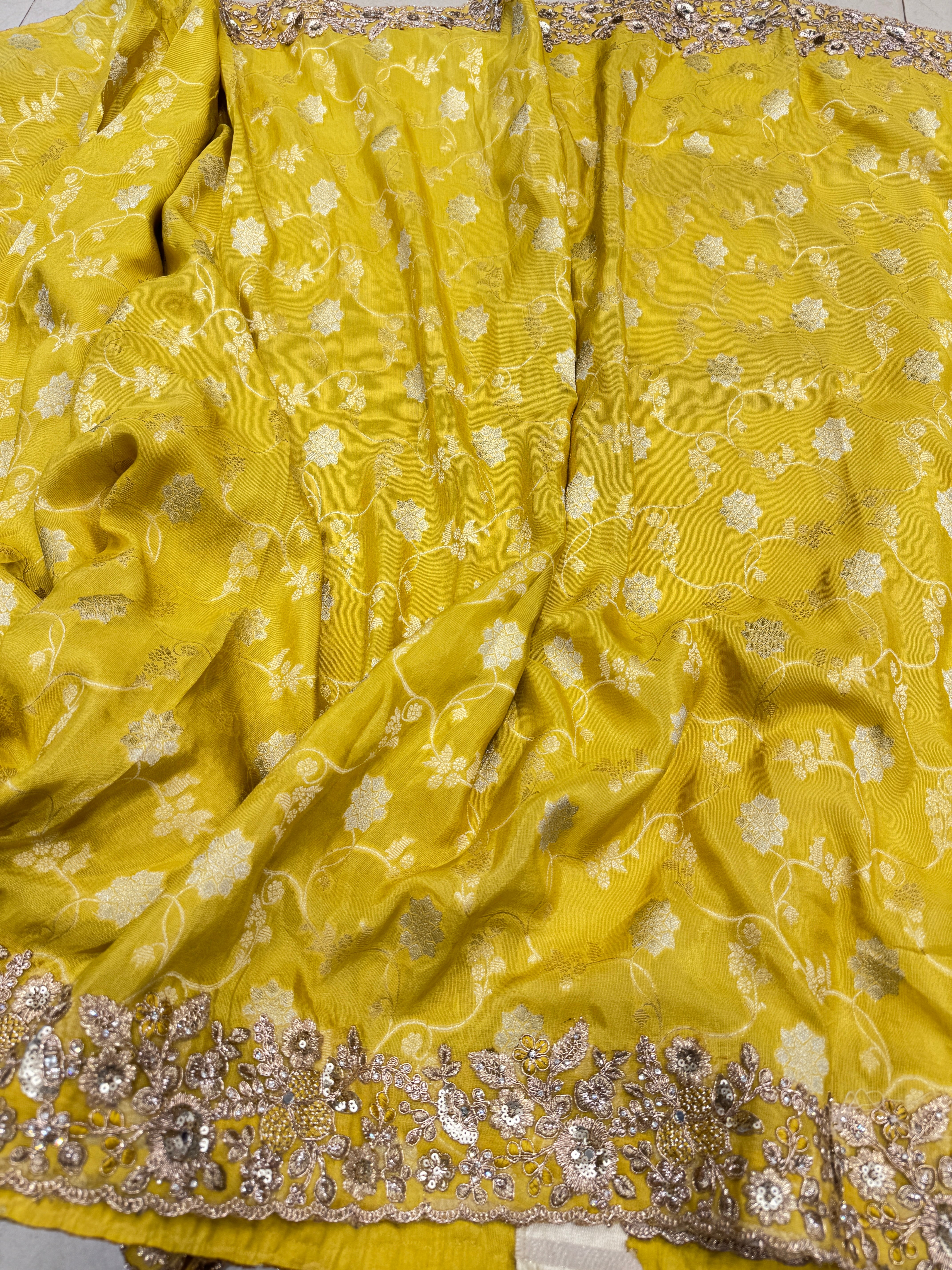 Yellow Tissue Embroidery Jaal Weaving Saree