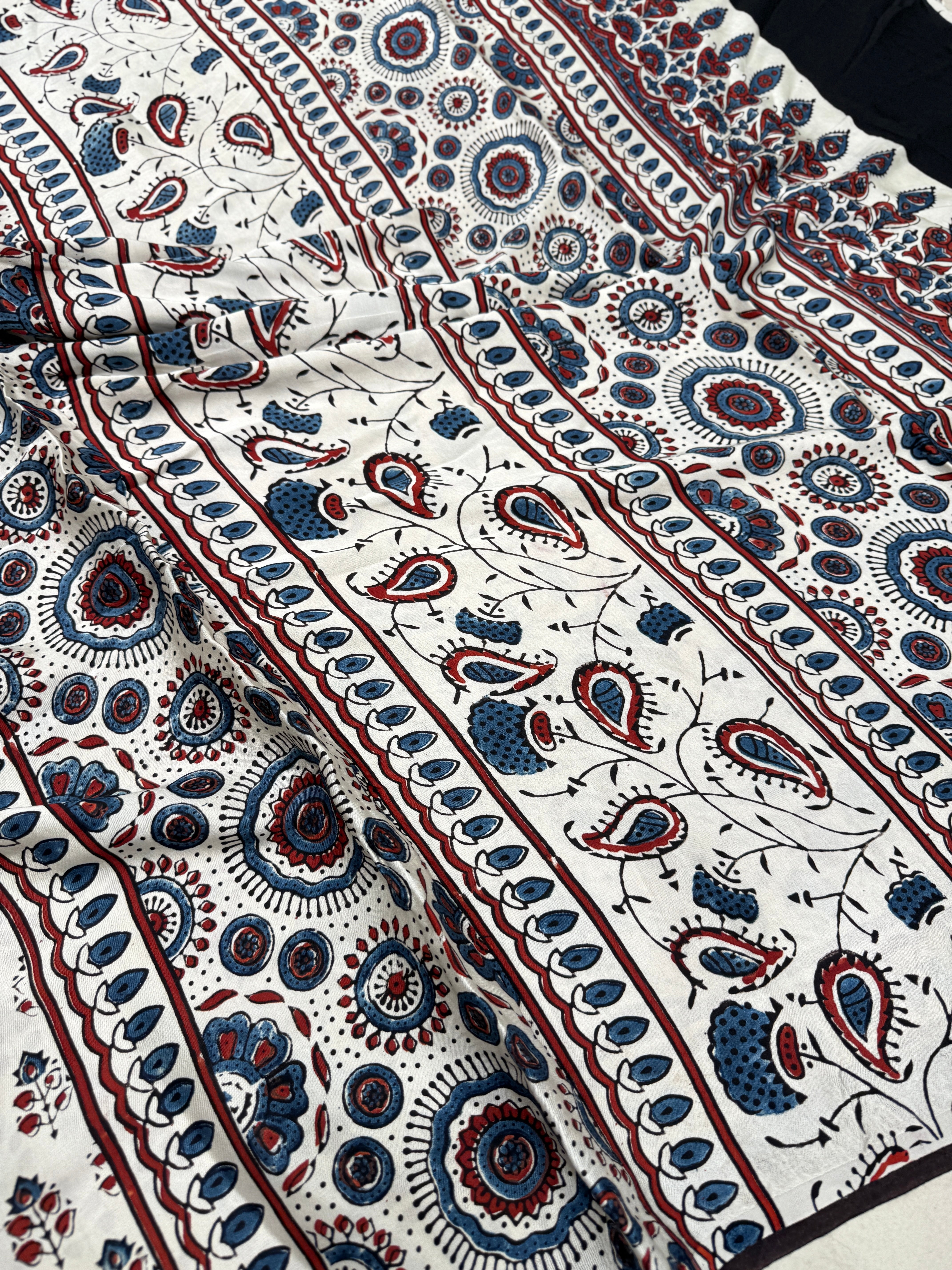 White Blue Buttis Ajrakh Block Print Hand Pure Gajji Silk Saree