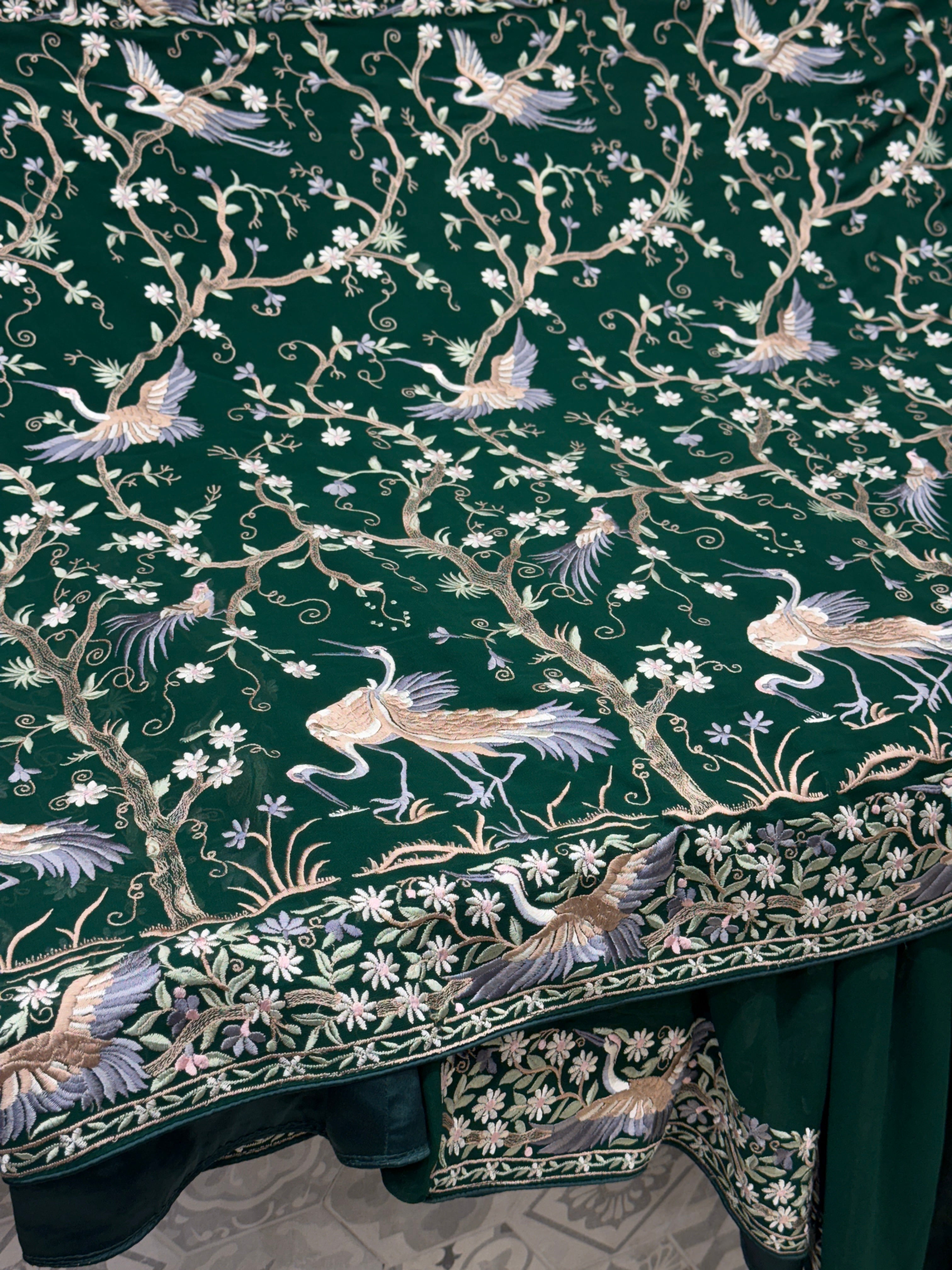 Bottle Green Tree Of Life Flamingo Parsi Gara Saree