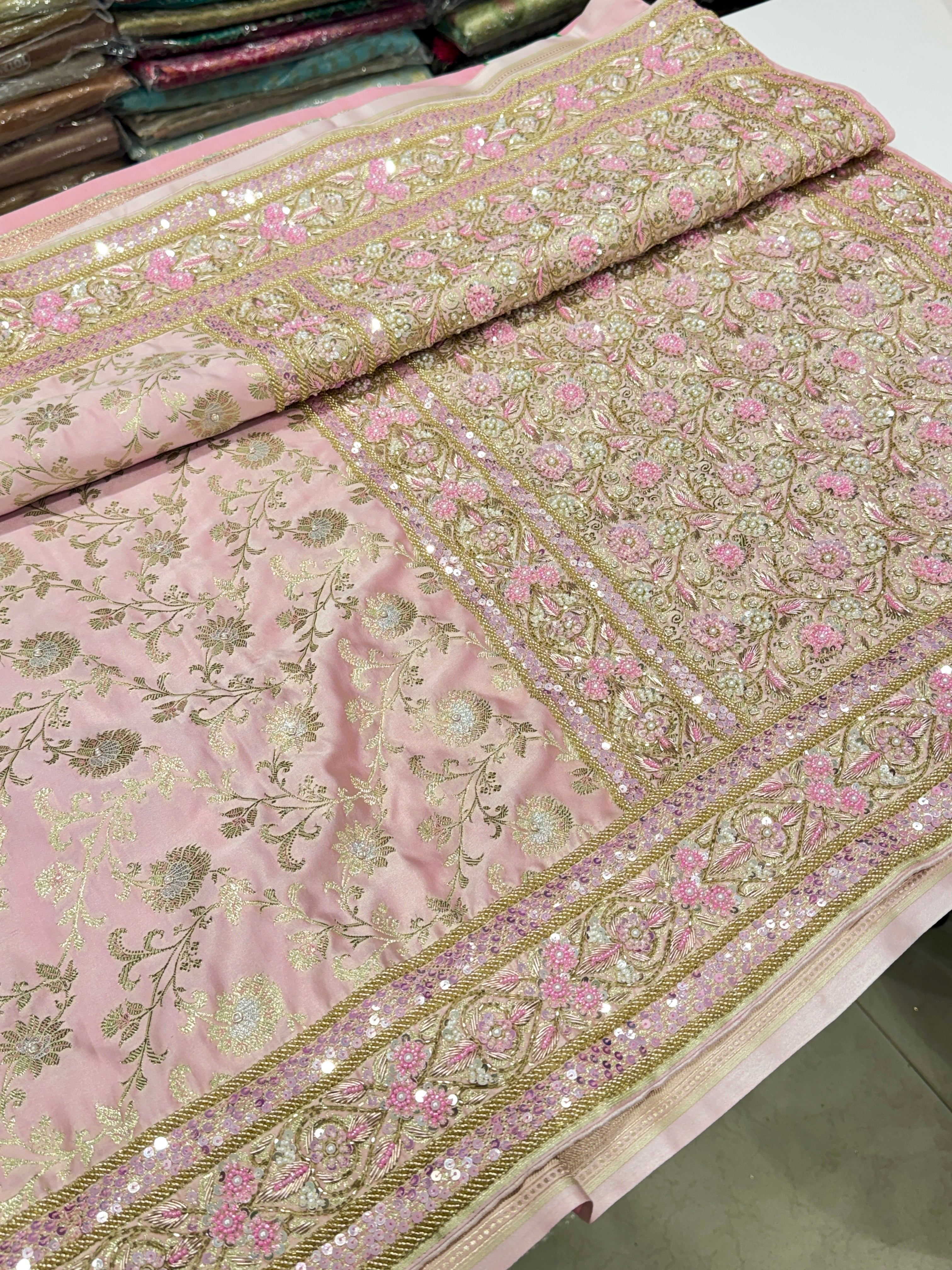 Light Pink Banarasi Small Jaal Zardosi Fancy Moti Hand Embroidery Saree