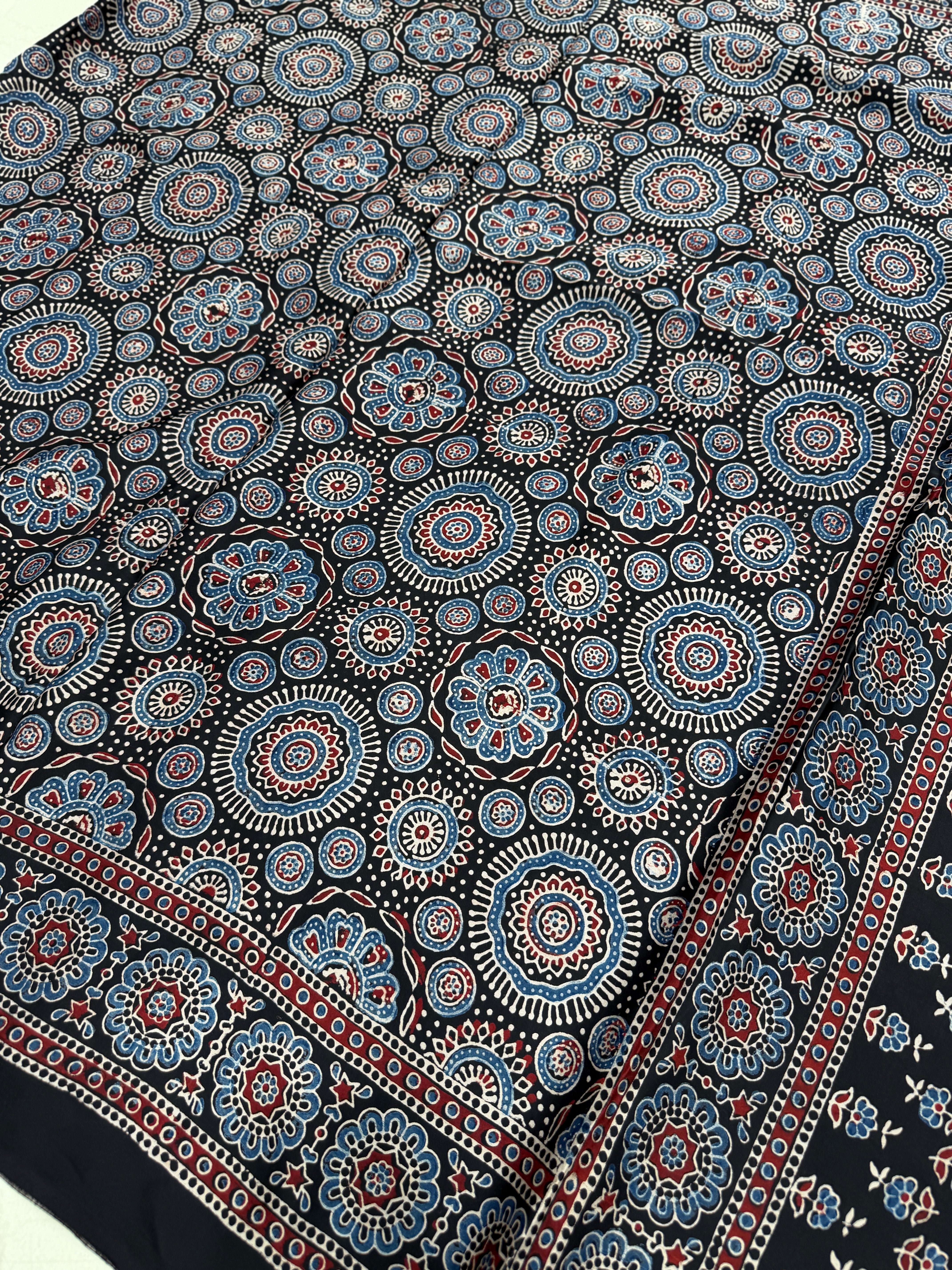 Black Gol Jaal Ajrakh Hand Block Print Pure Gajji Silk Saree