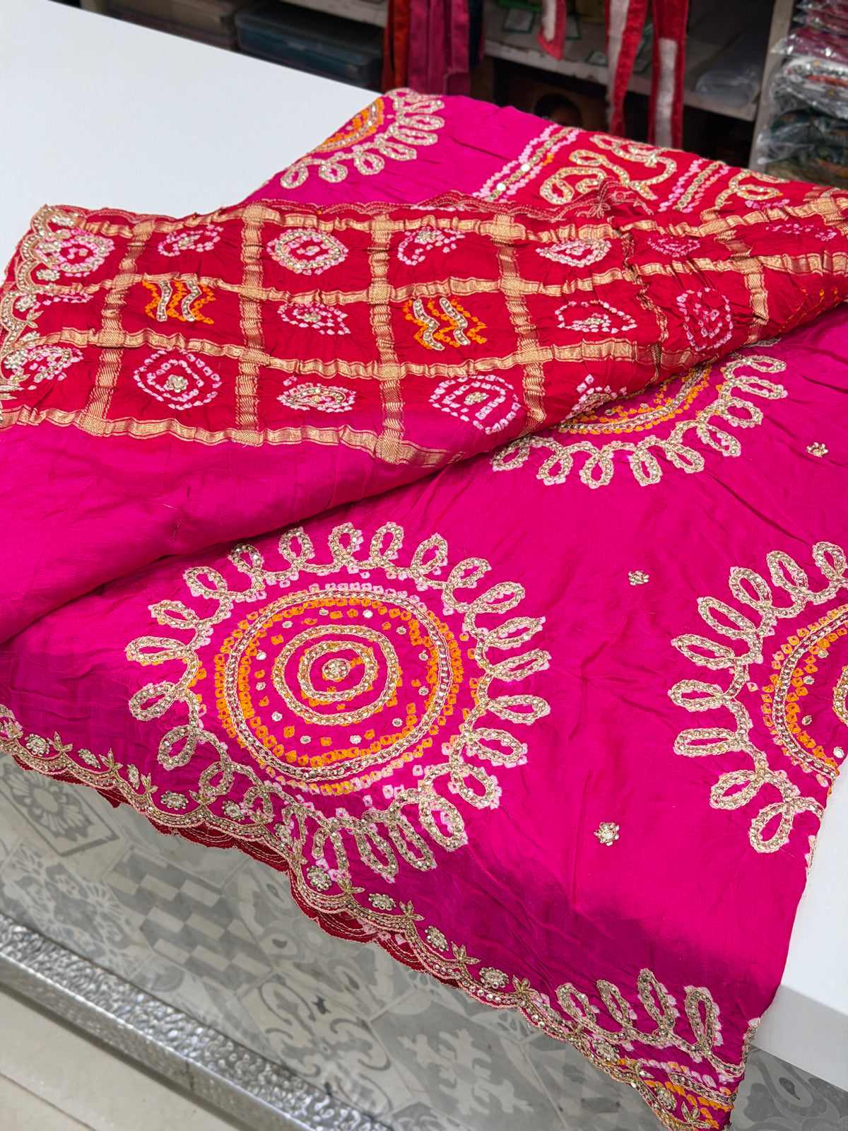 Rani Red Half Gharchola Gajji Silk Bandhej Gotapatti Marodi Hand Embroidery Saree