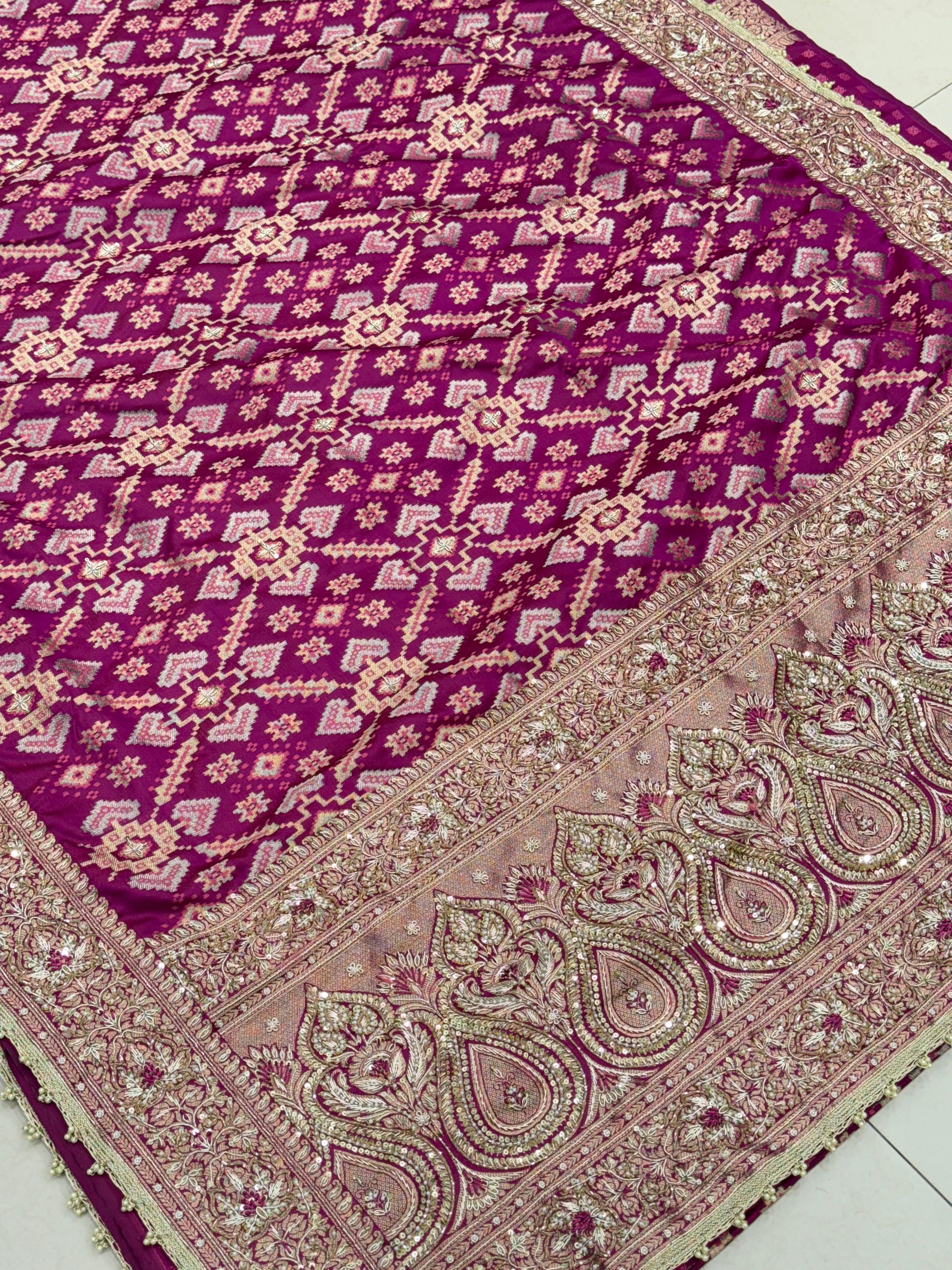 Wine Banarasi Patola Zardosi Knot Embroidery Saree