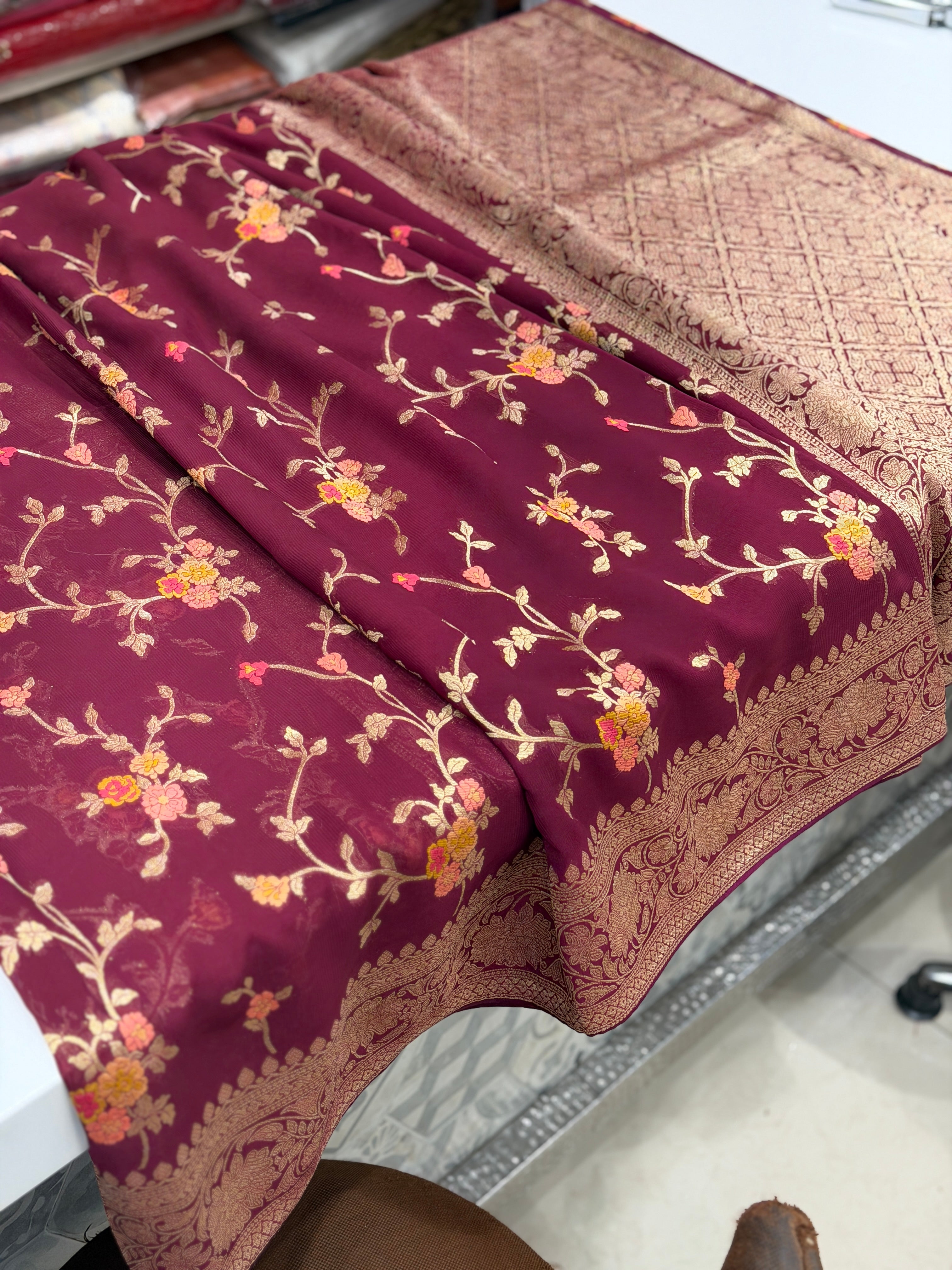 Wine Meenakari Banarasi Khaddi Georgette Jaal Saree