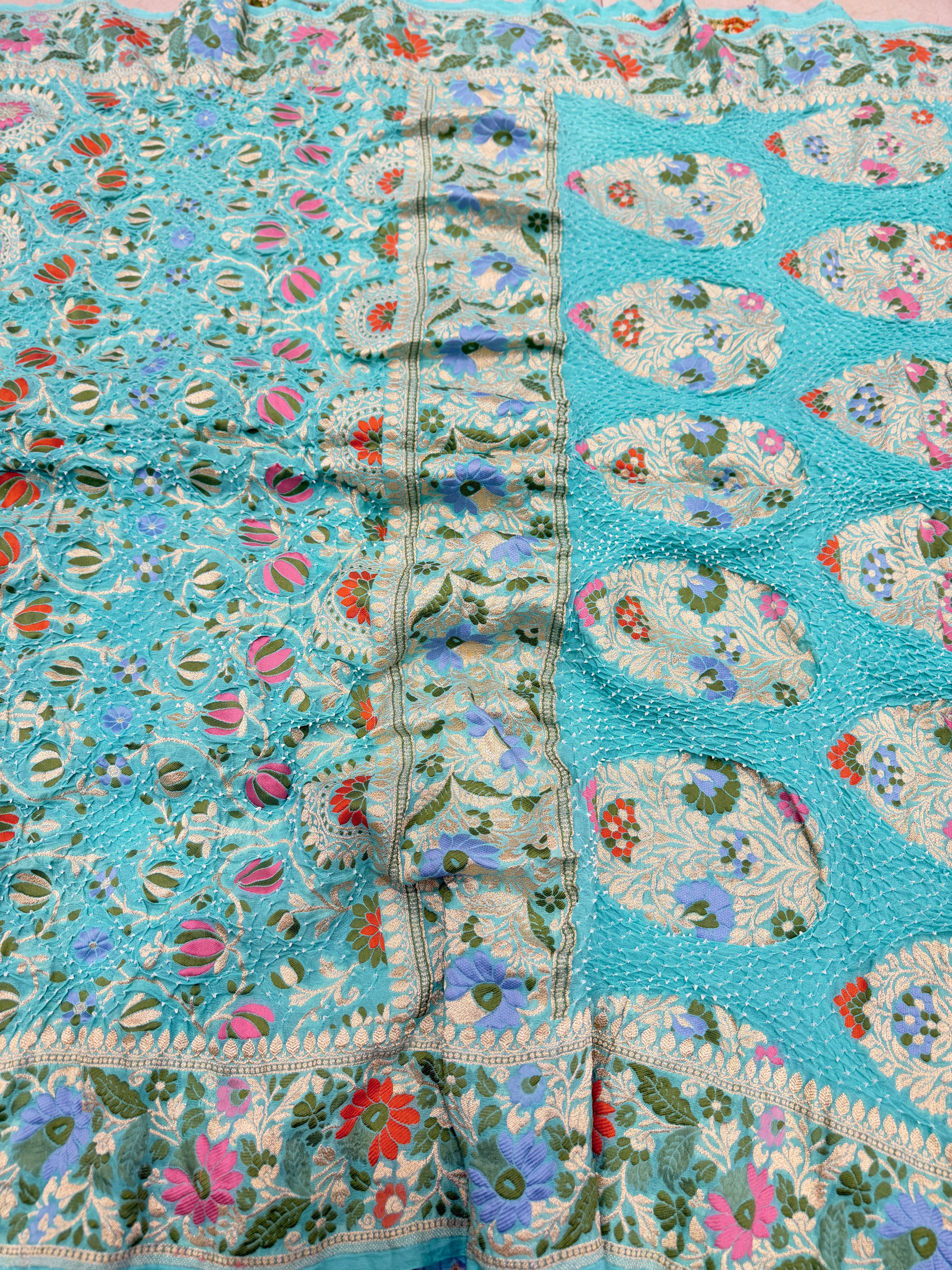 Turquoise Meenakari Jaal Pure Handloom Georgette Bandhej Georgette Saree