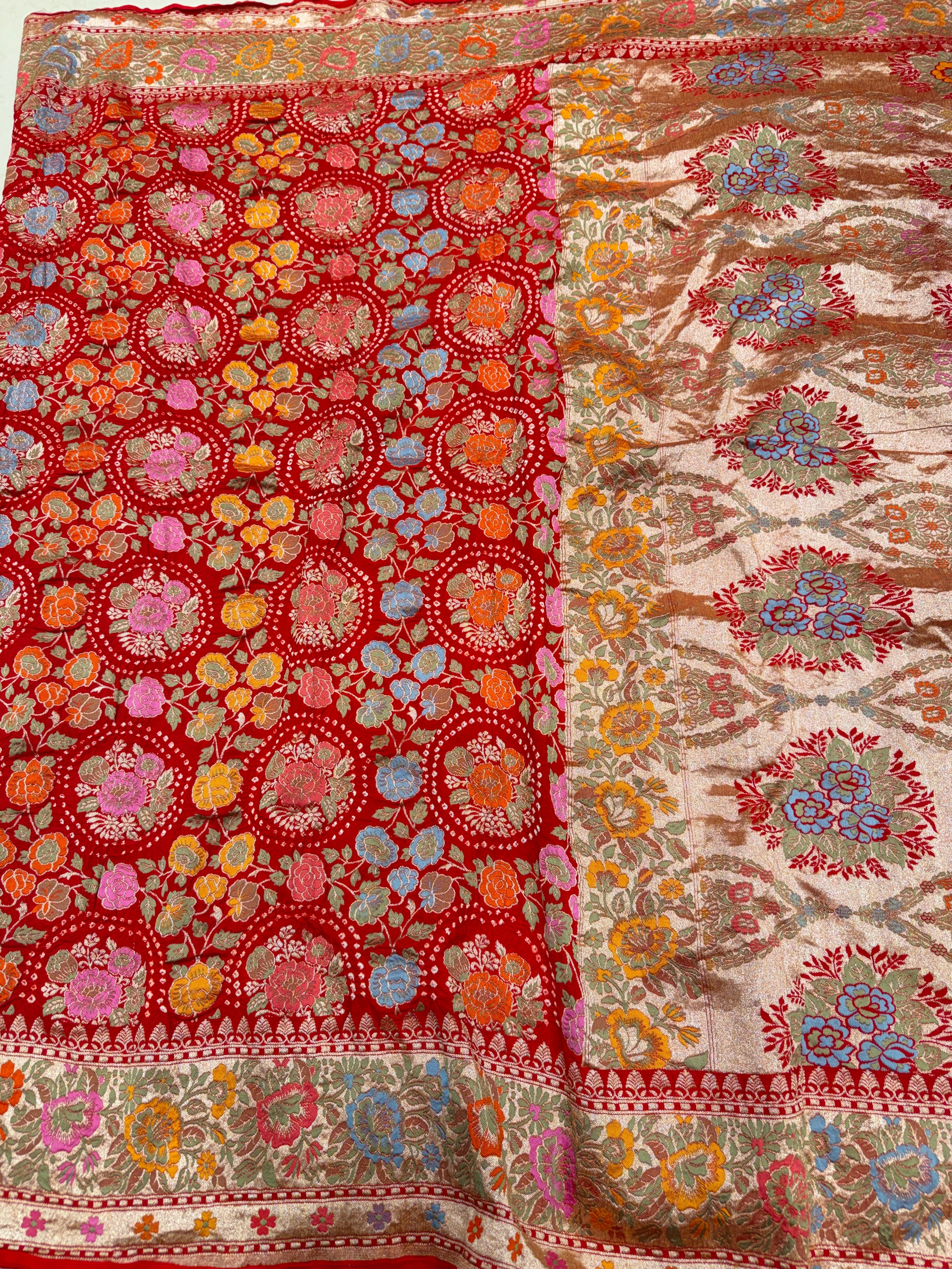 Red Floral Rose Buttas Meenakari Rai Bandhej Bandhini Saree