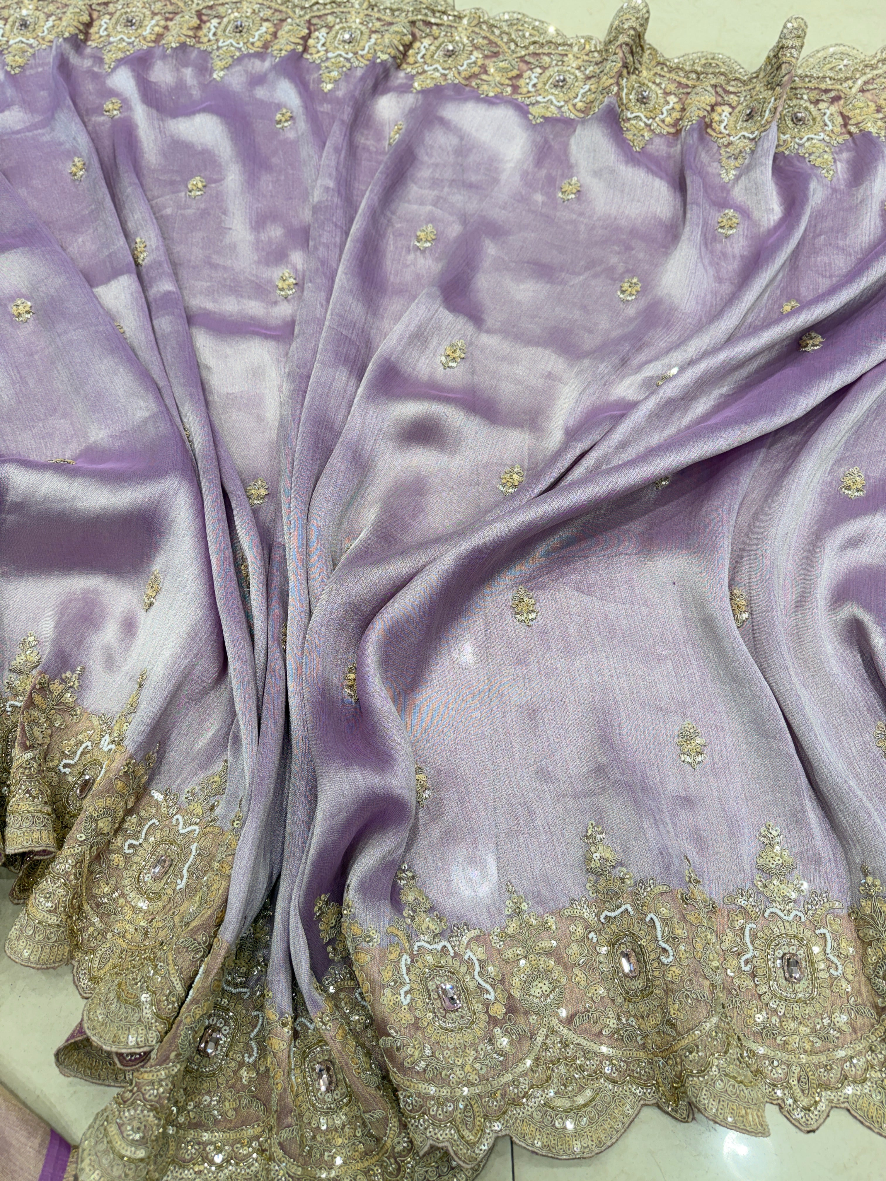 Lilac Golden Silver Soft Tissue Moti Crystal Embroidery Saree