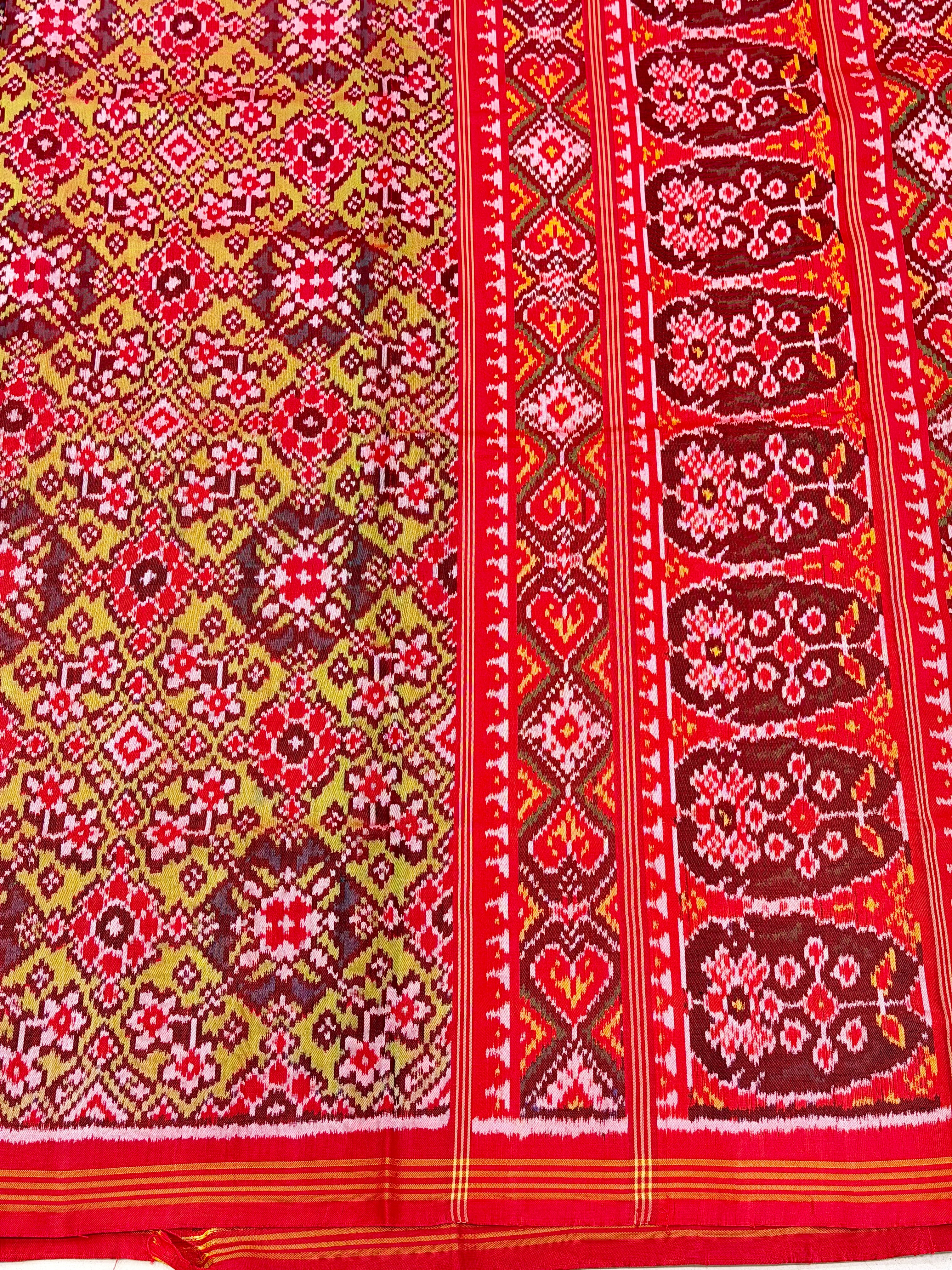 Lime Green Red Manek Chowk Pure Silk Handloom Patola Saree