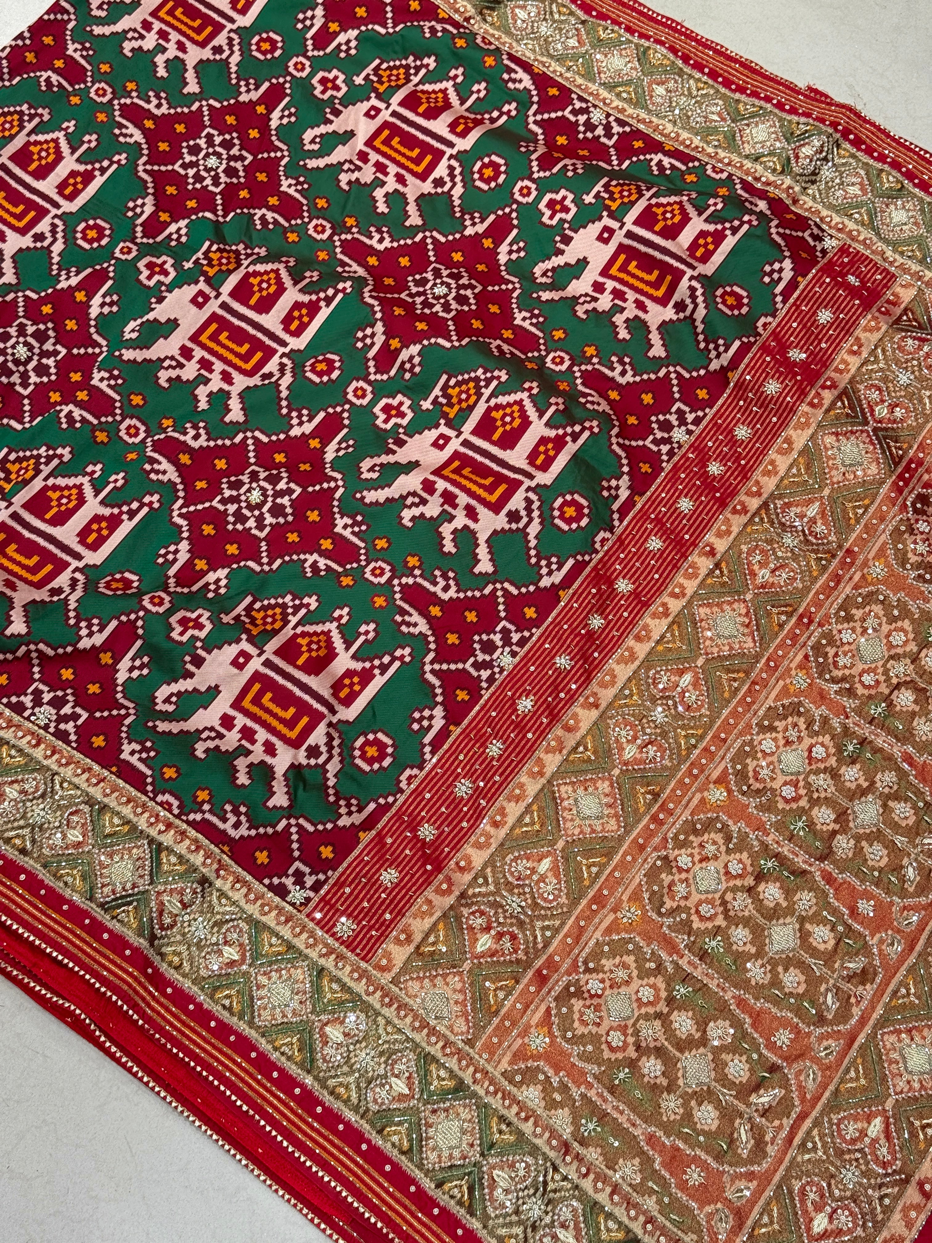 Maroon Green Big Elephant Patola Zardosi Embroidery Saree