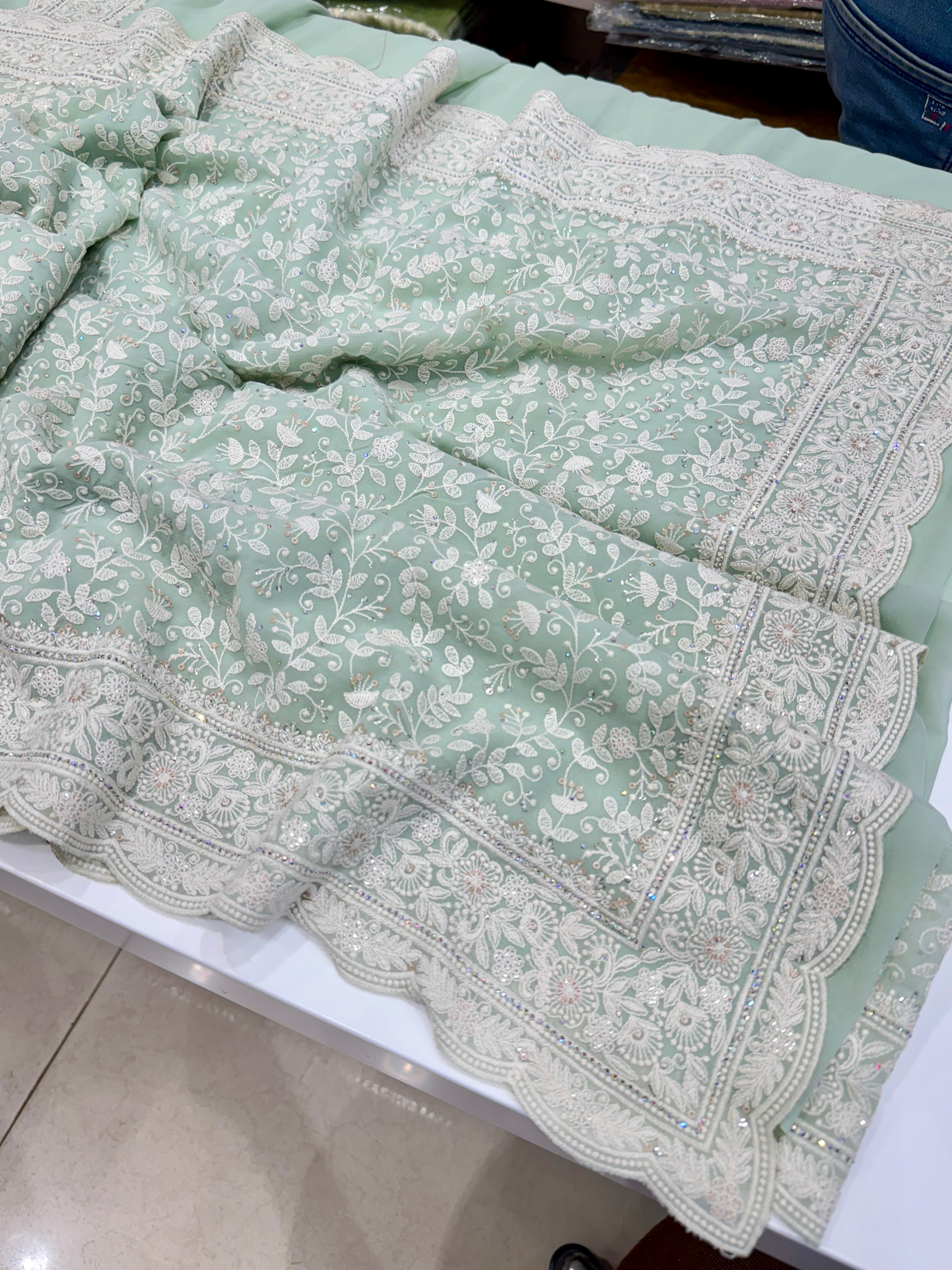 Pista Green Chikankari Scallop Design Saree