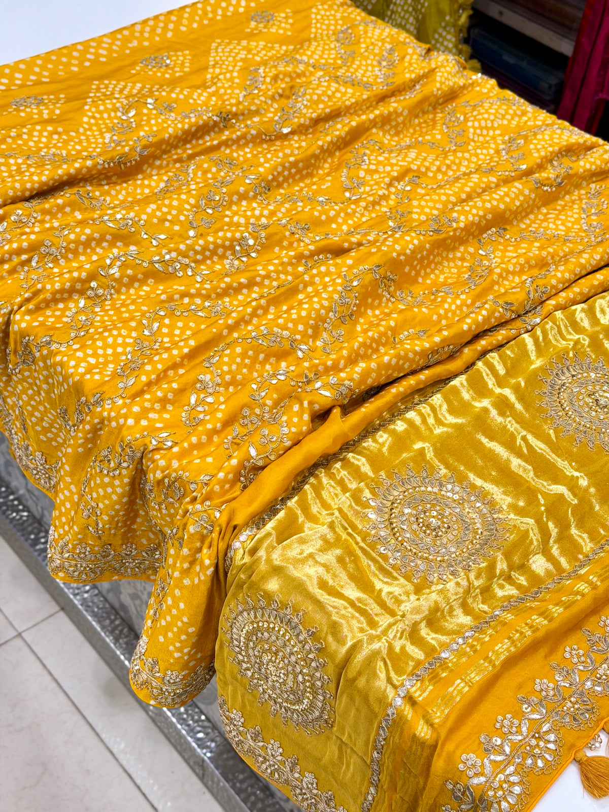 Yellow Jaal Faabiiana Inspired Gajji Silk Rai Bandhej Gotapatti Marodi Hand Embroidery Saree