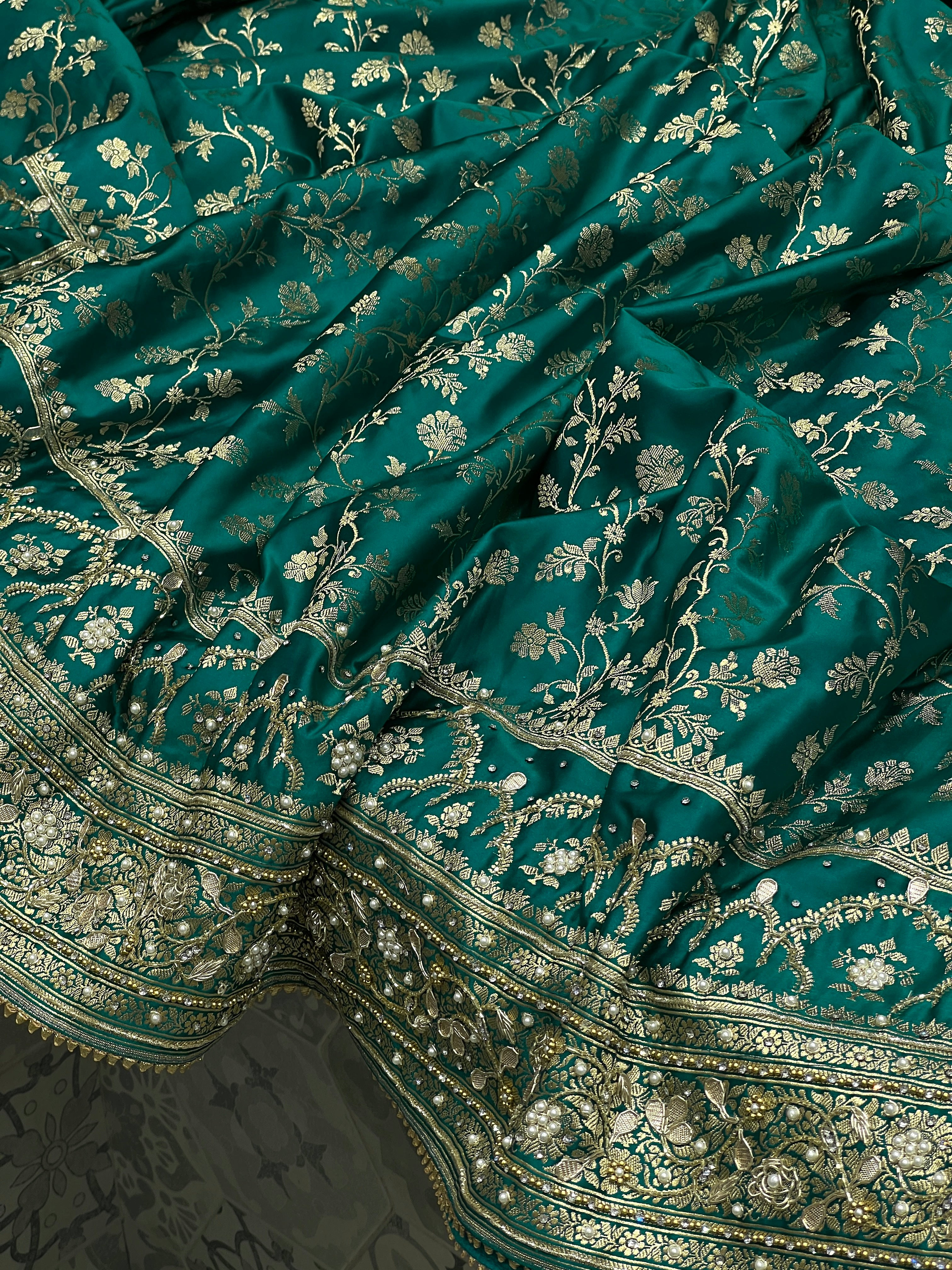 Warm Teal Green Banarasi Silk Hand Embroidery Saree