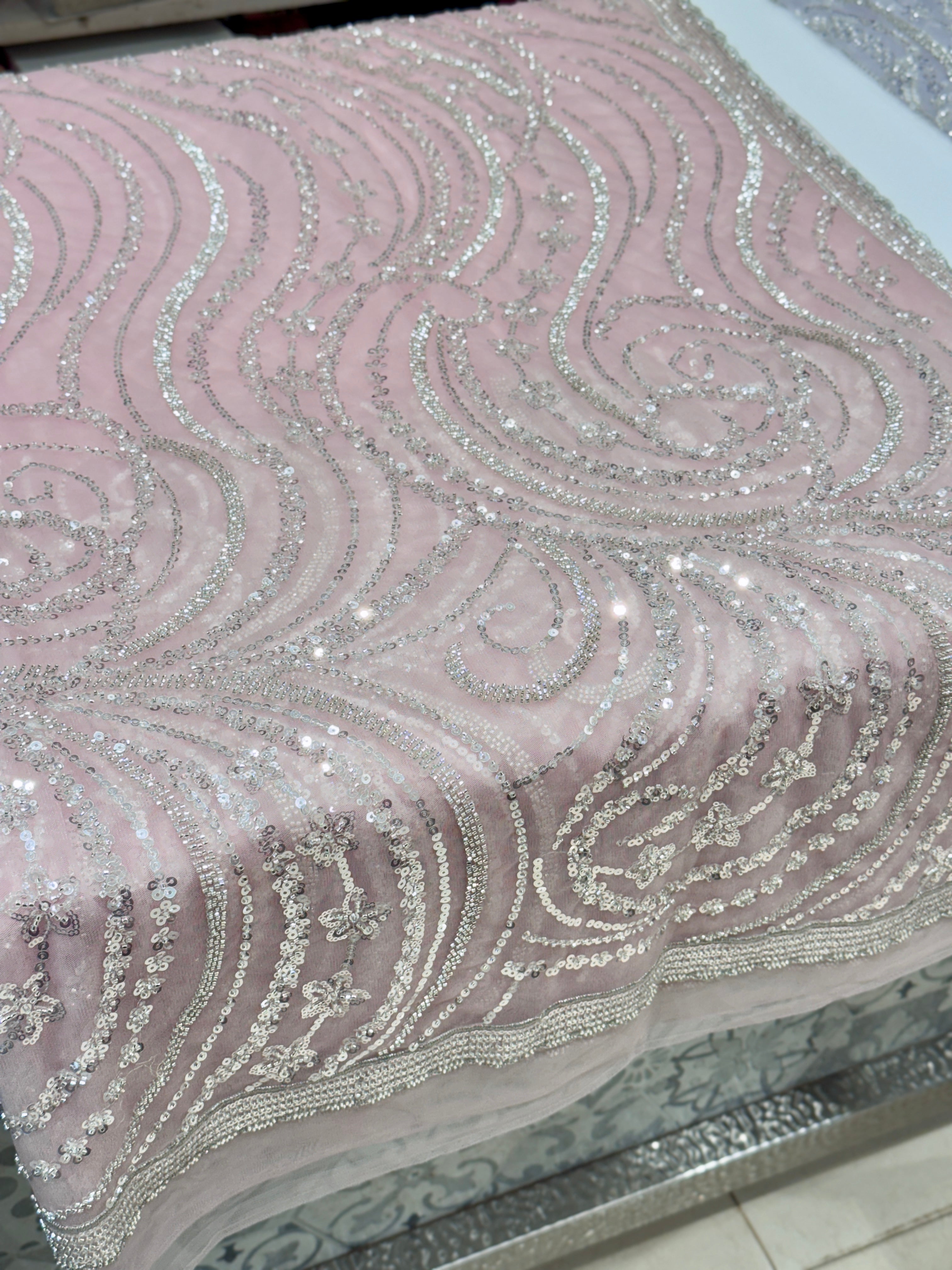 Pink Soft Net Sequin Moti Embroidery Saree