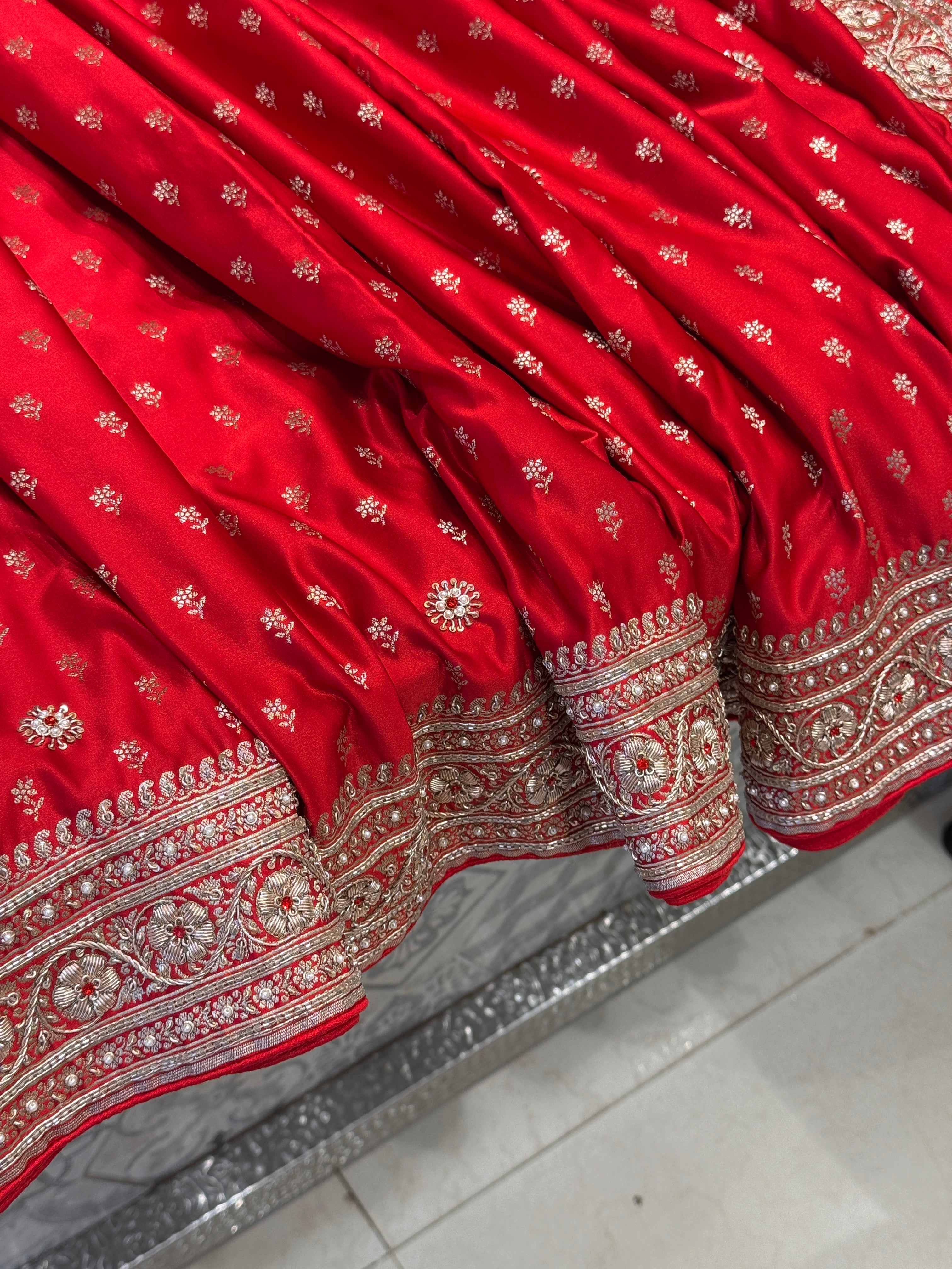 Red Banarasi Silk Small Butti Crystal Zardozi Hand Embroidery Saree