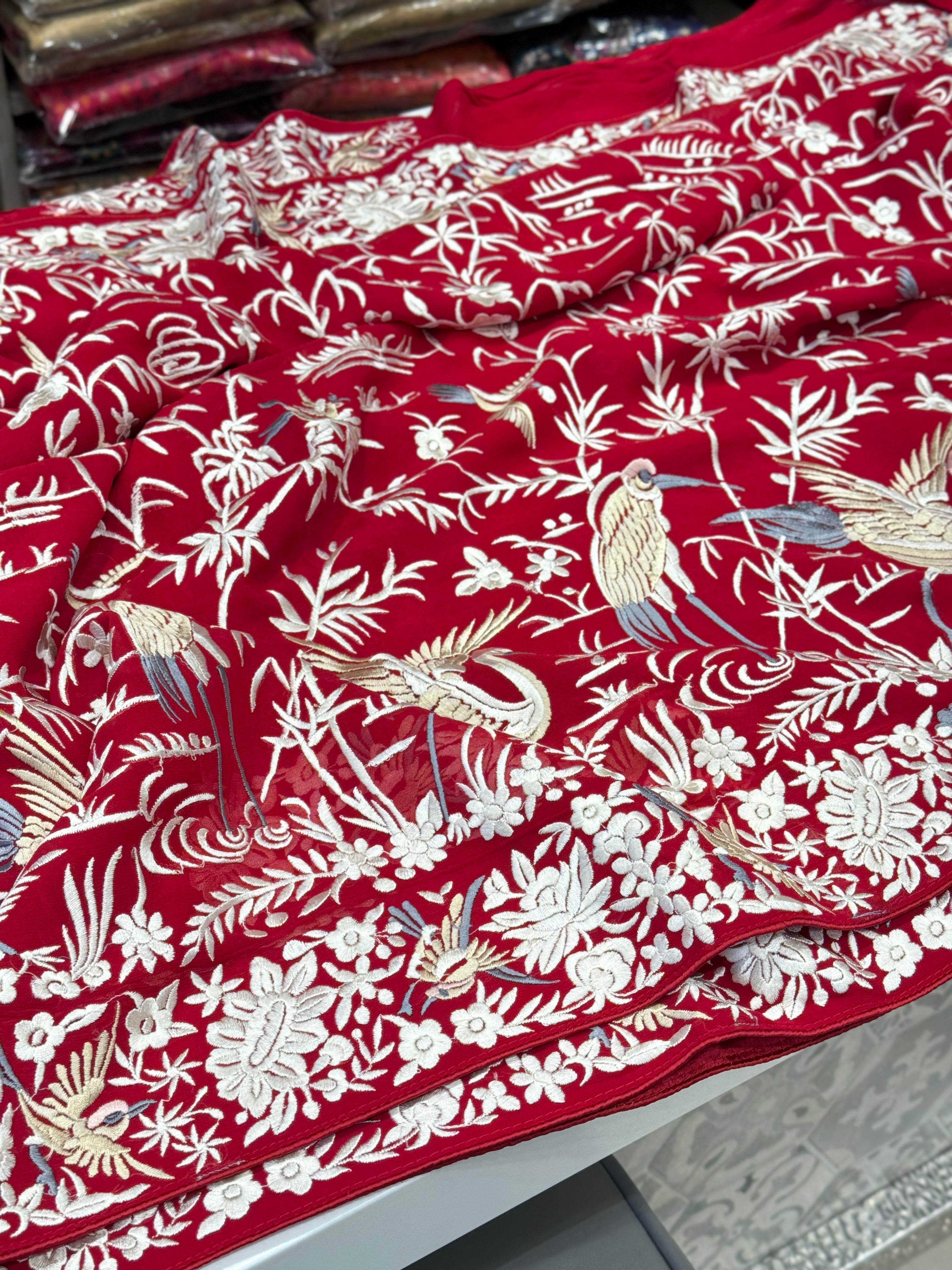 Red Georgette Flying Flamingo Parsi Gara Saree