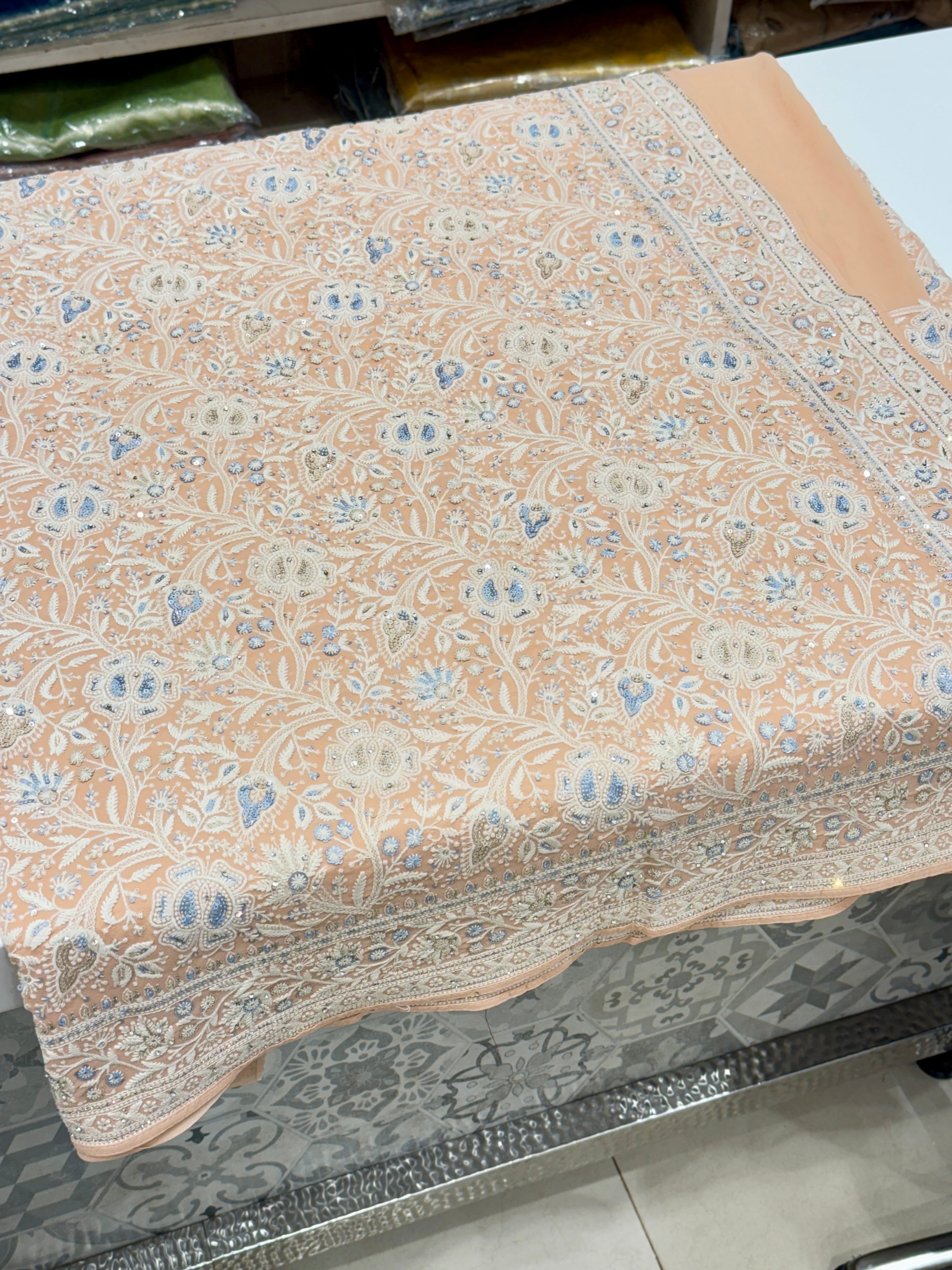 Light Peach Chikankari Saree Floral Design