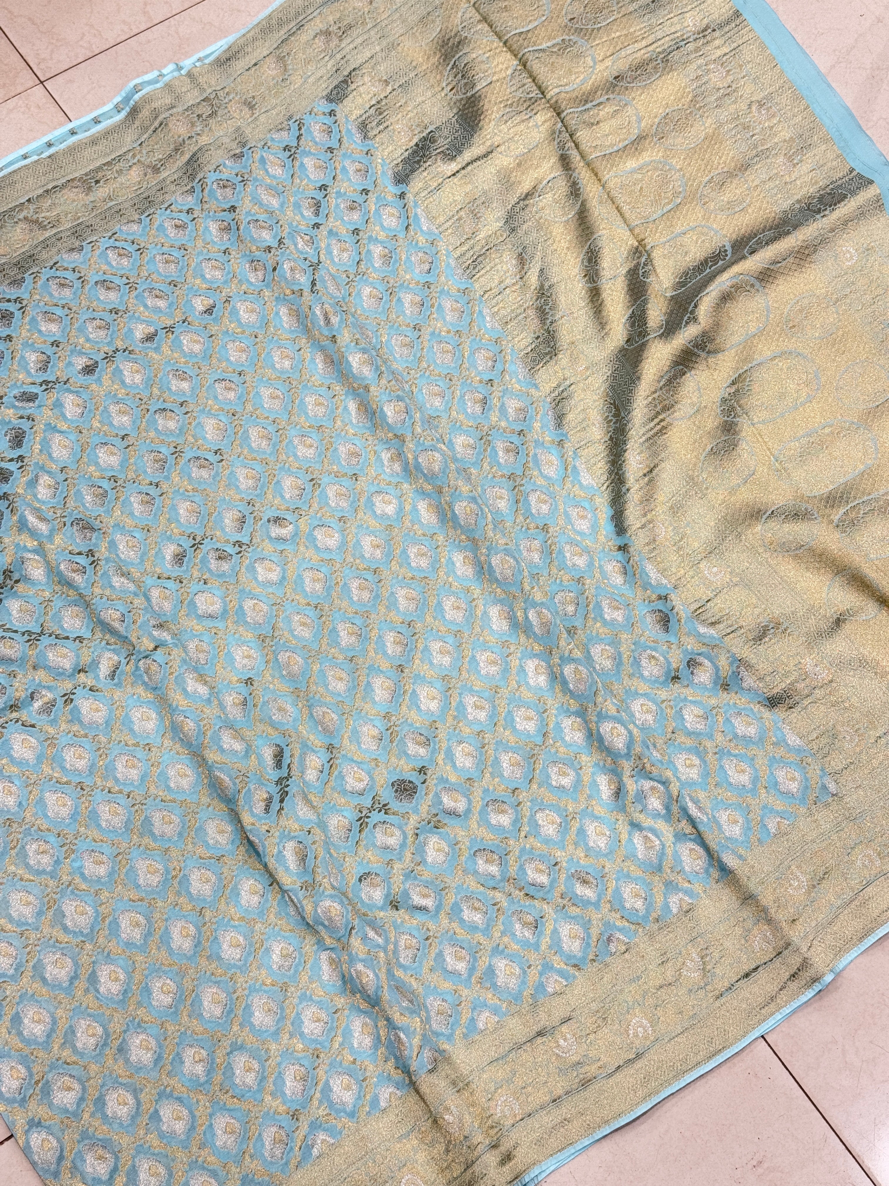 Light Blue Sliver Butta with Gold Georgette Saree